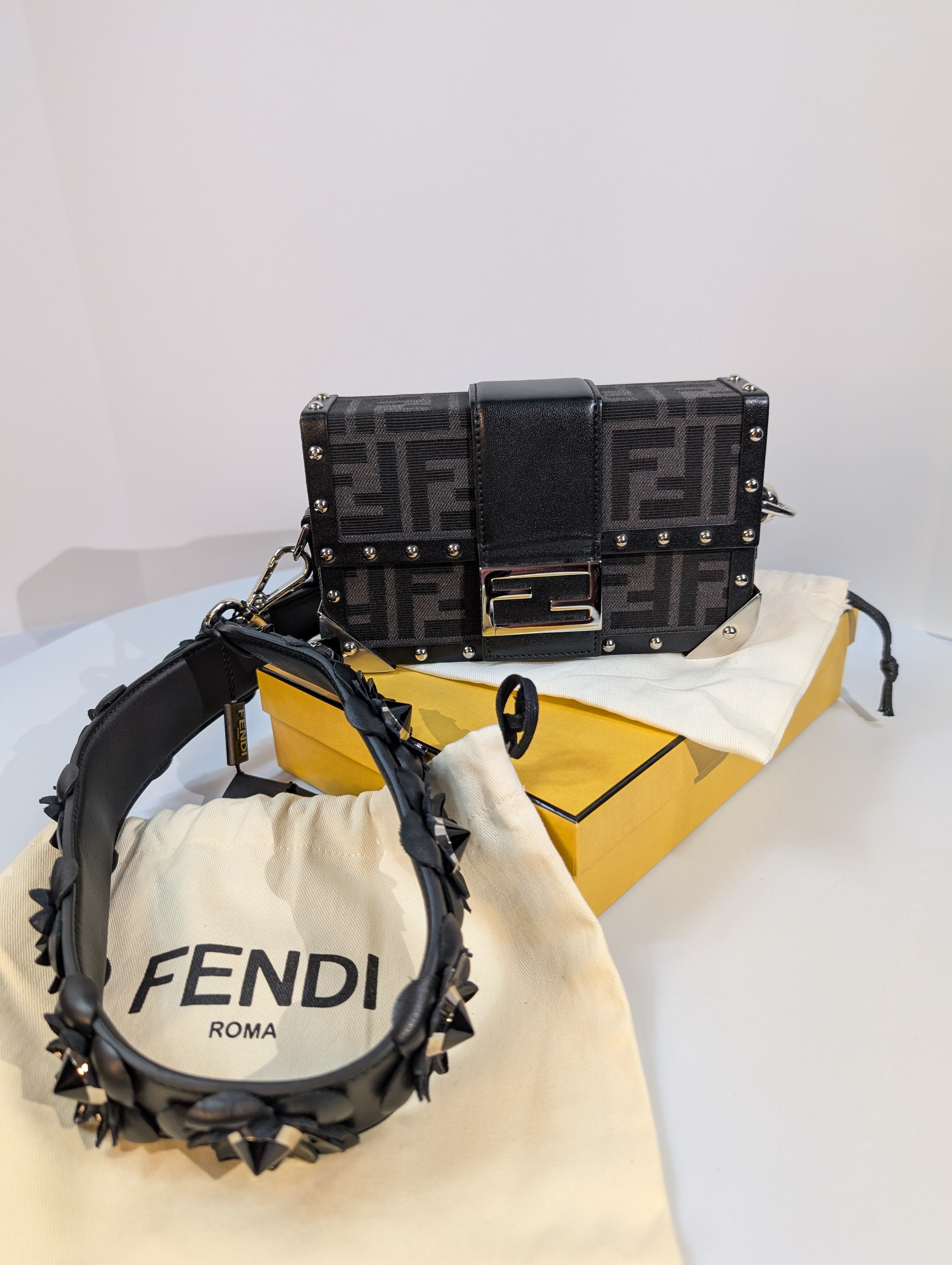 Fendi Black Baguette Trunk Mini in FF Jacquard Canvas with Rare Fendi Strap