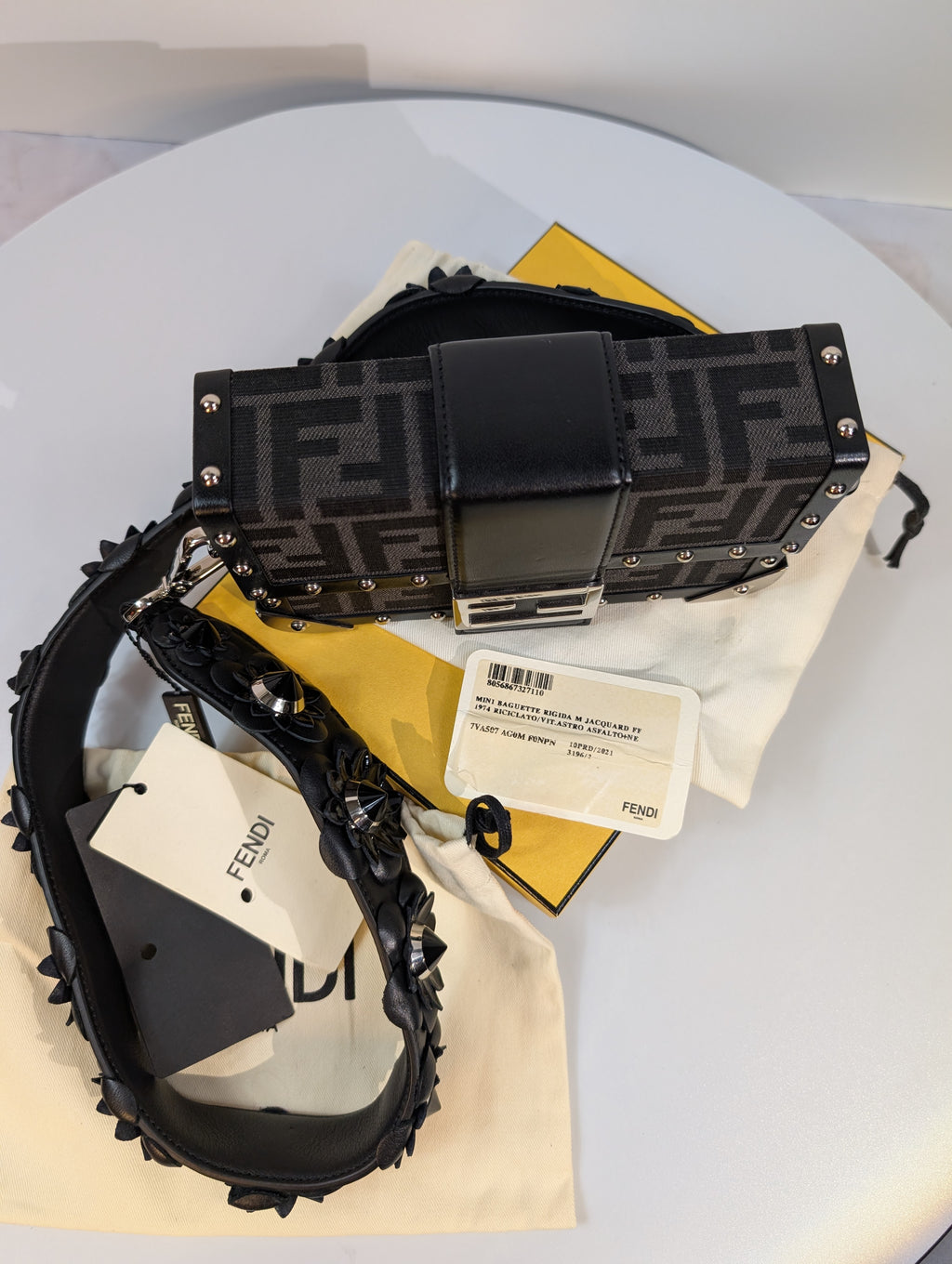 Fendi Black Baguette Trunk Mini in FF Jacquard Canvas with Rare Fendi Strap
