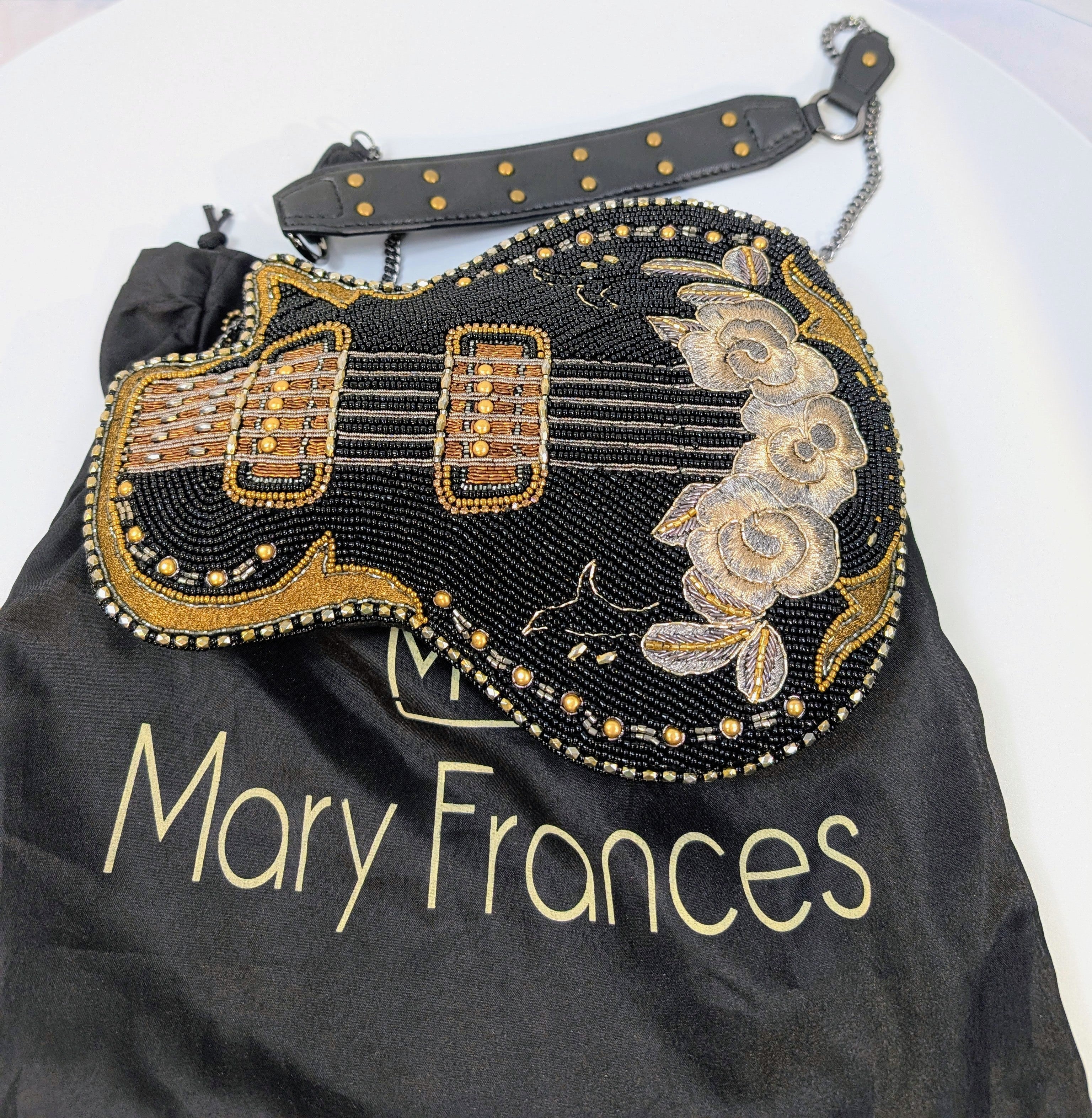 Mary Frances Black and Gold "Rockstar" Beaded Guitar Handbag