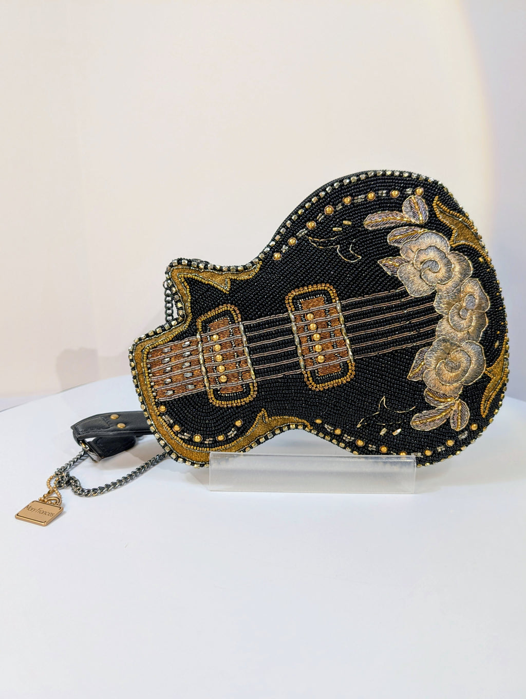 Mary Frances Black and Gold "Rockstar" Beaded Guitar Handbag