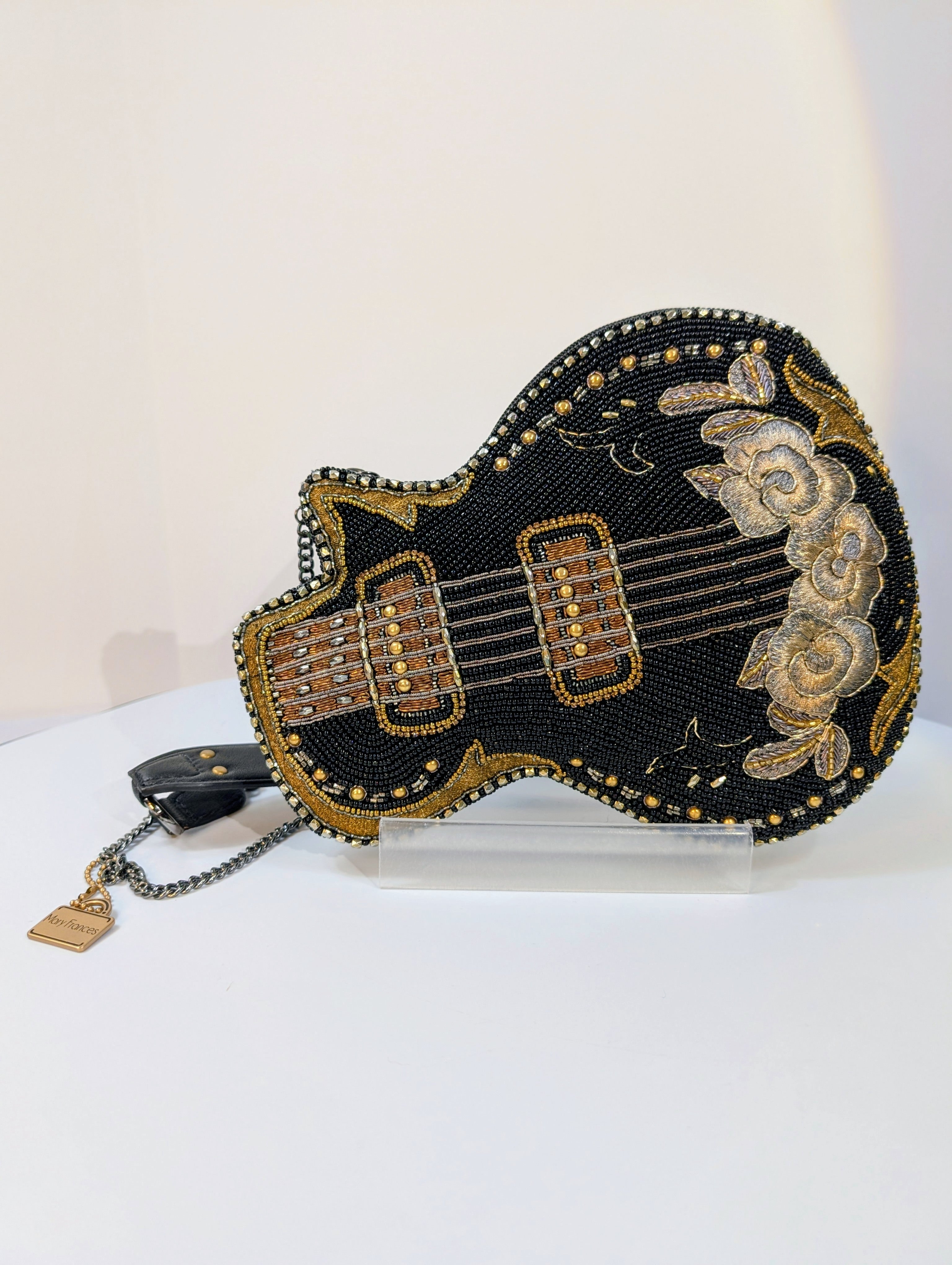 Mary Frances Black and Gold "Rockstar" Beaded Guitar Handbag