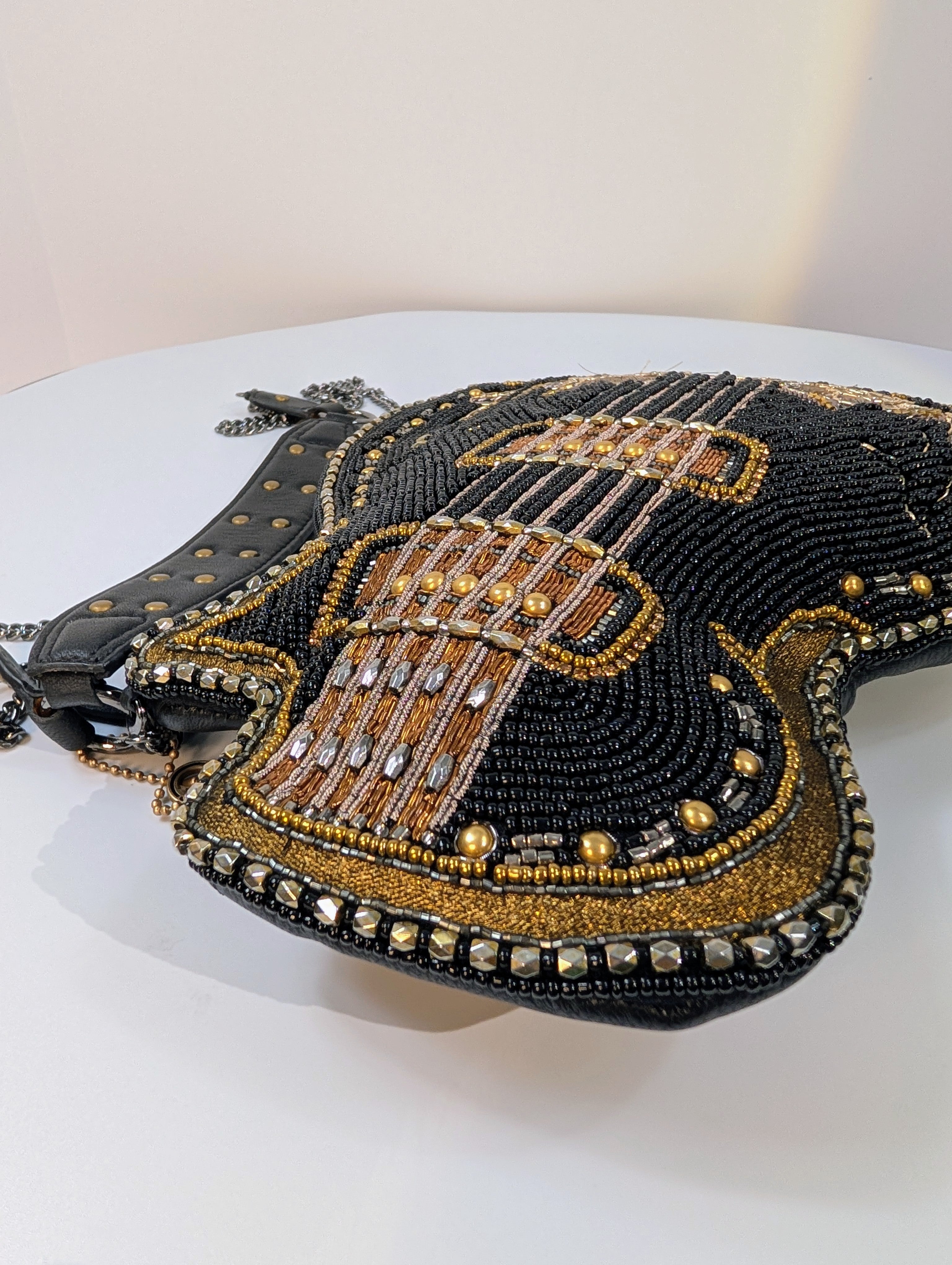 Mary Frances Black and Gold "Rockstar" Beaded Guitar Handbag