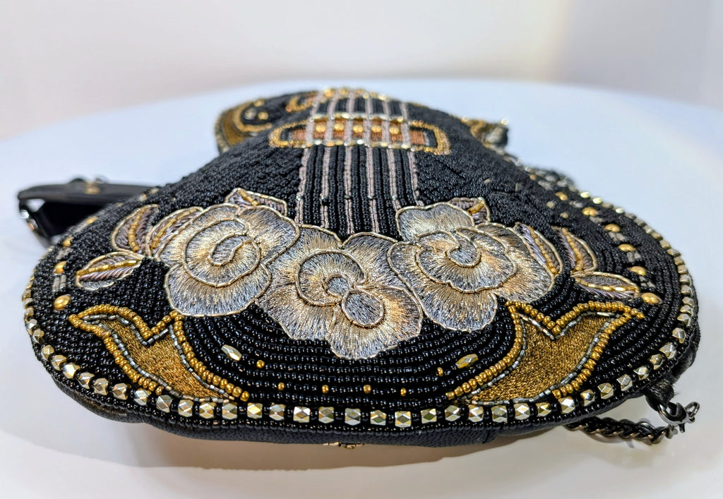 Mary Frances Black and Gold "Rockstar" Beaded Guitar Handbag