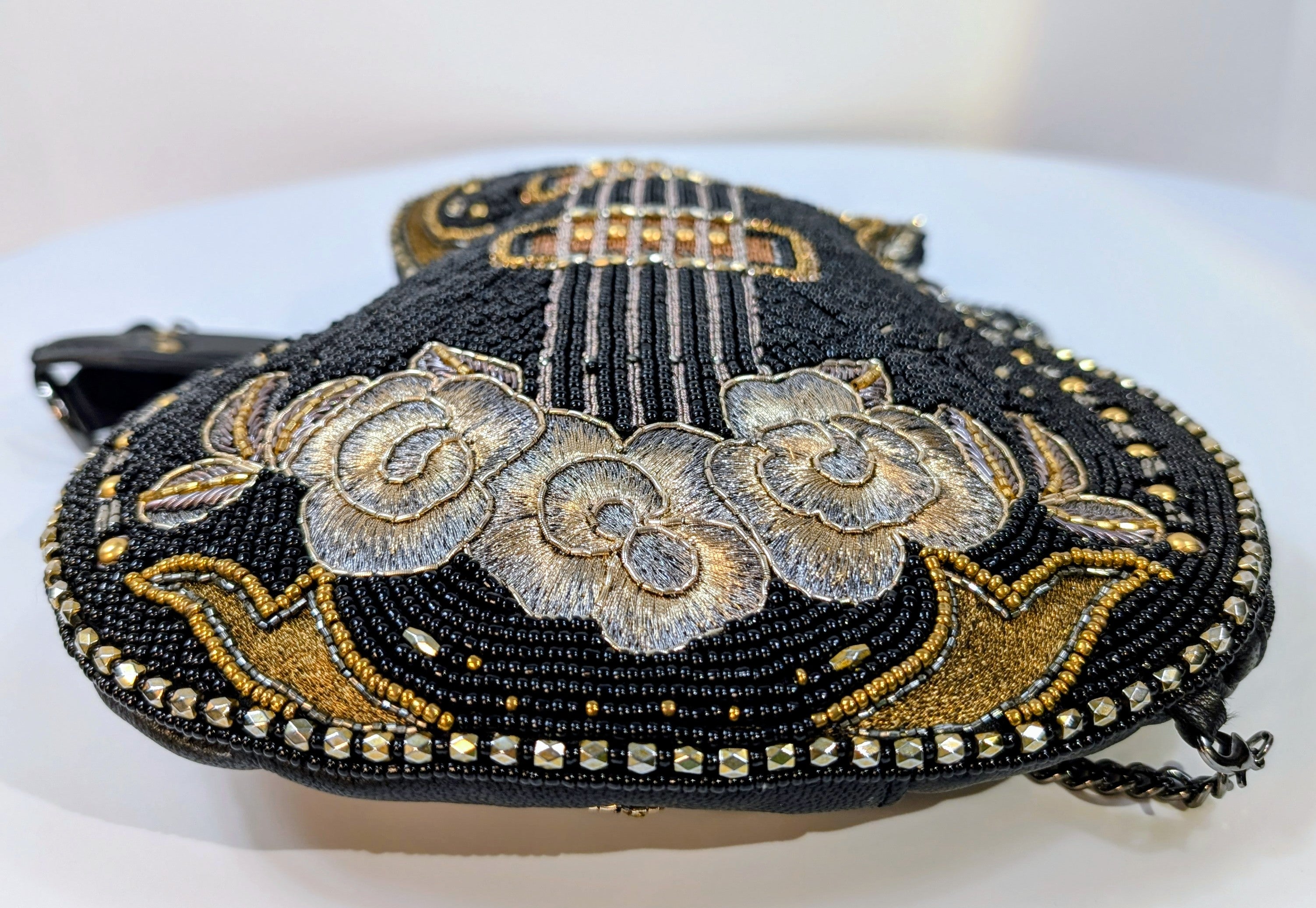 Mary Frances Black and Gold "Rockstar" Beaded Guitar Handbag