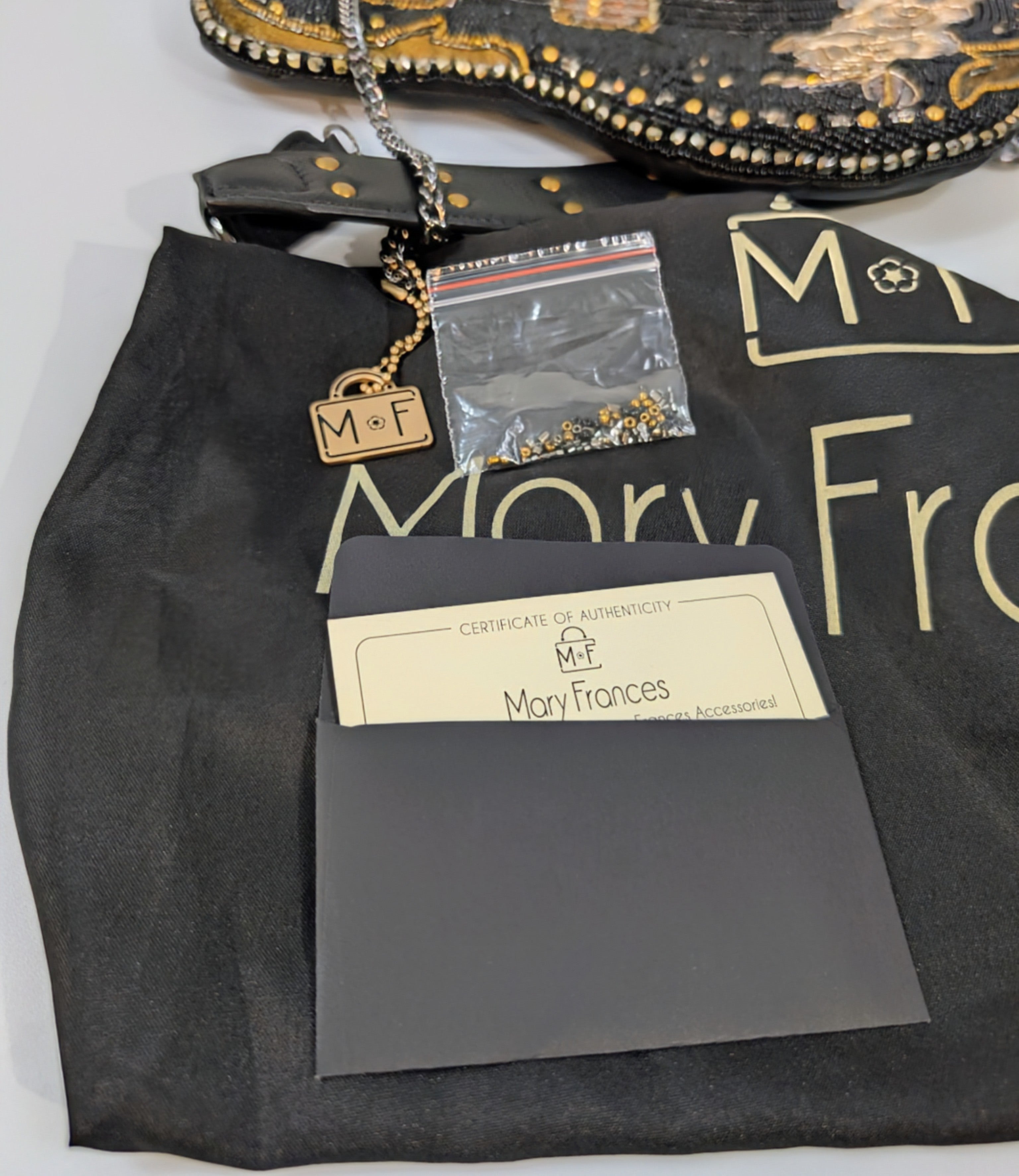 Mary Frances Black and Gold "Rockstar" Beaded Guitar Handbag
