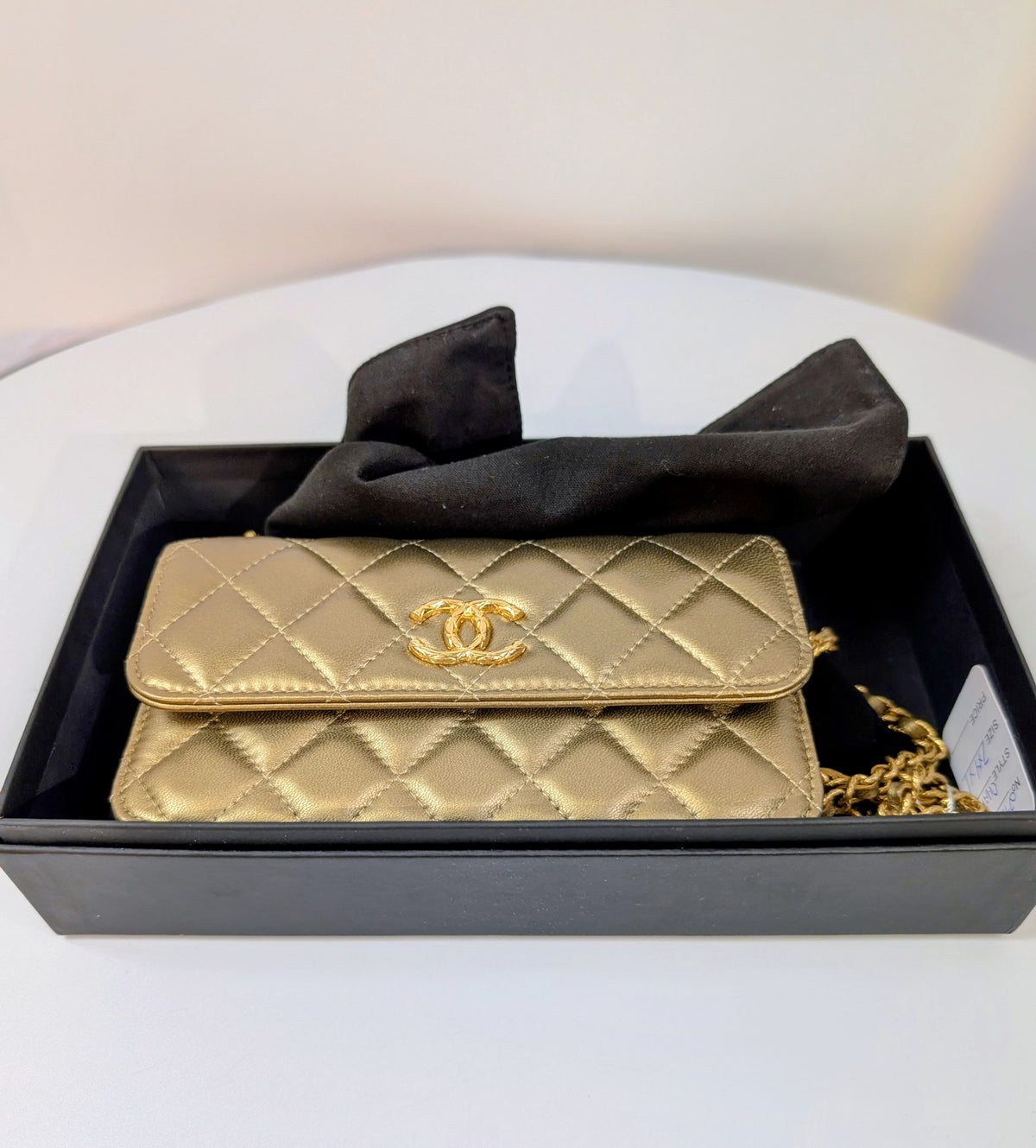 Chanel Metallic Bronze Gold Mini Rectangular Flap with Engraved CCs and Strap Loops with Chanel Gold Card Holder