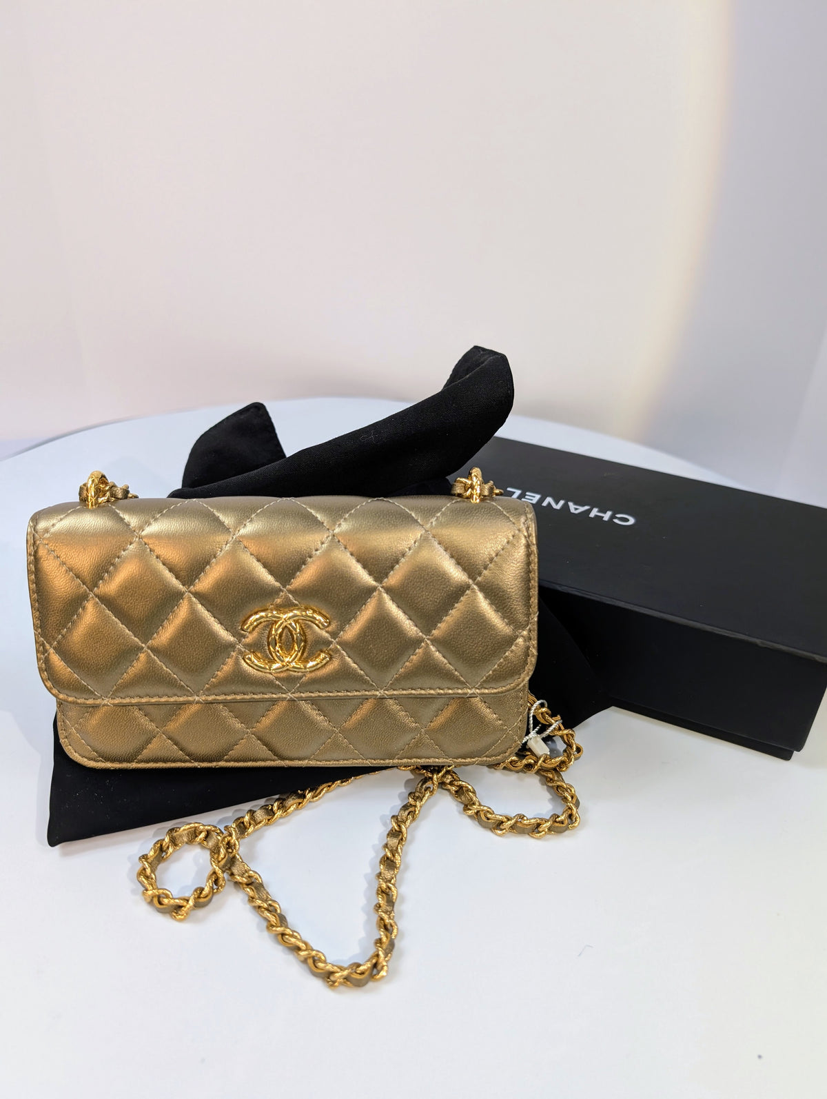 Chanel Metallic Bronze Gold Mini Rectangular Flap with Engraved CCs and Strap Loops with Chanel Gold Card Holder