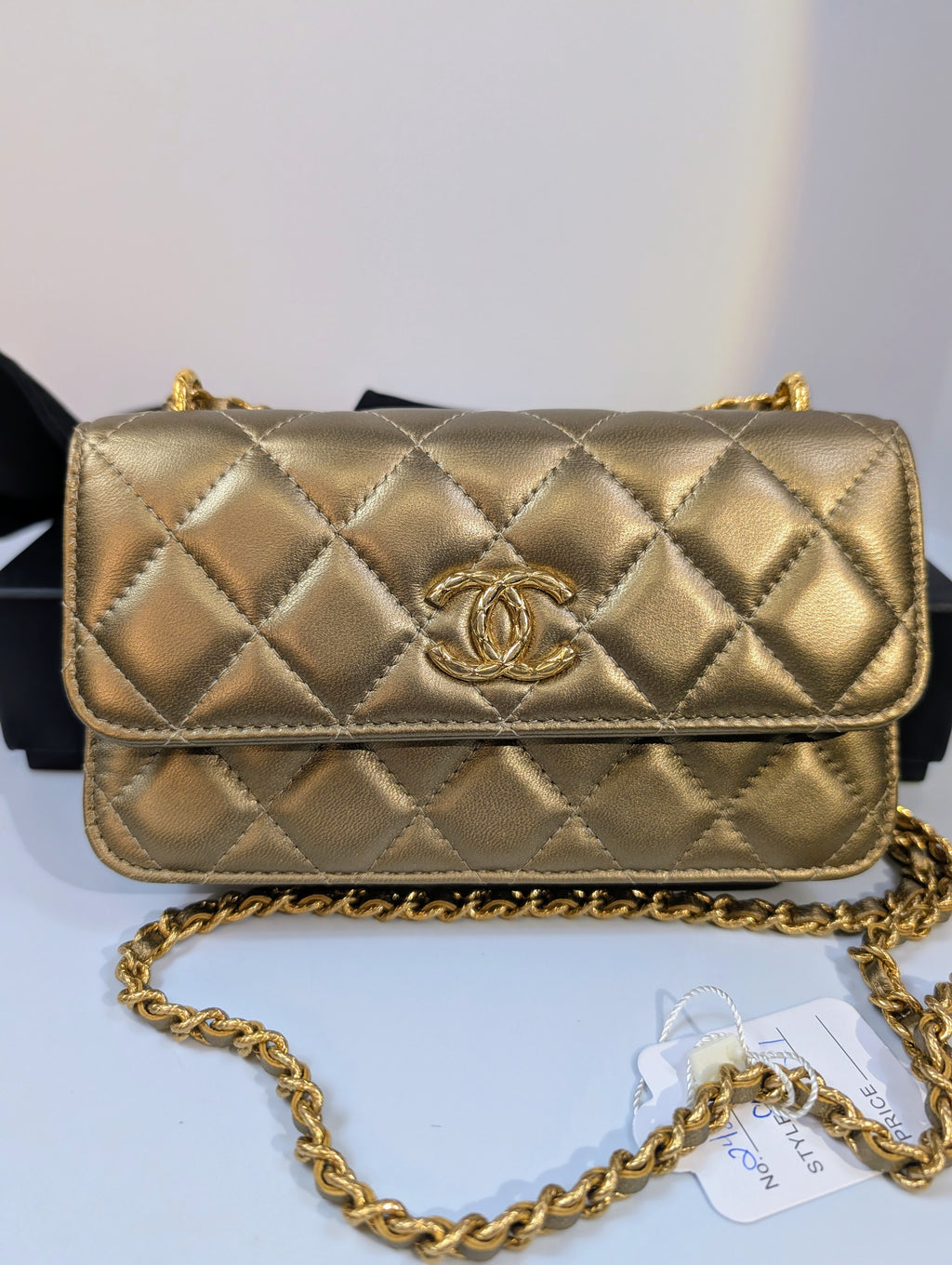 Chanel Metallic Bronze Gold Mini Rectangular Flap with Engraved CCs and Strap Loops with Chanel Gold Card Holder