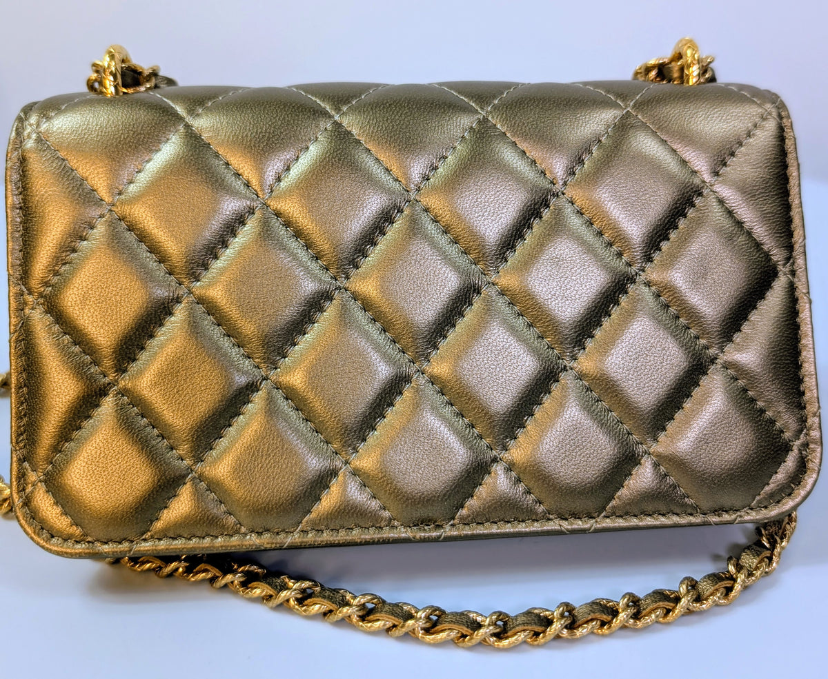 Chanel Metallic Bronze Gold Mini Rectangular Flap with Engraved CCs and Strap Loops with Chanel Gold Card Holder