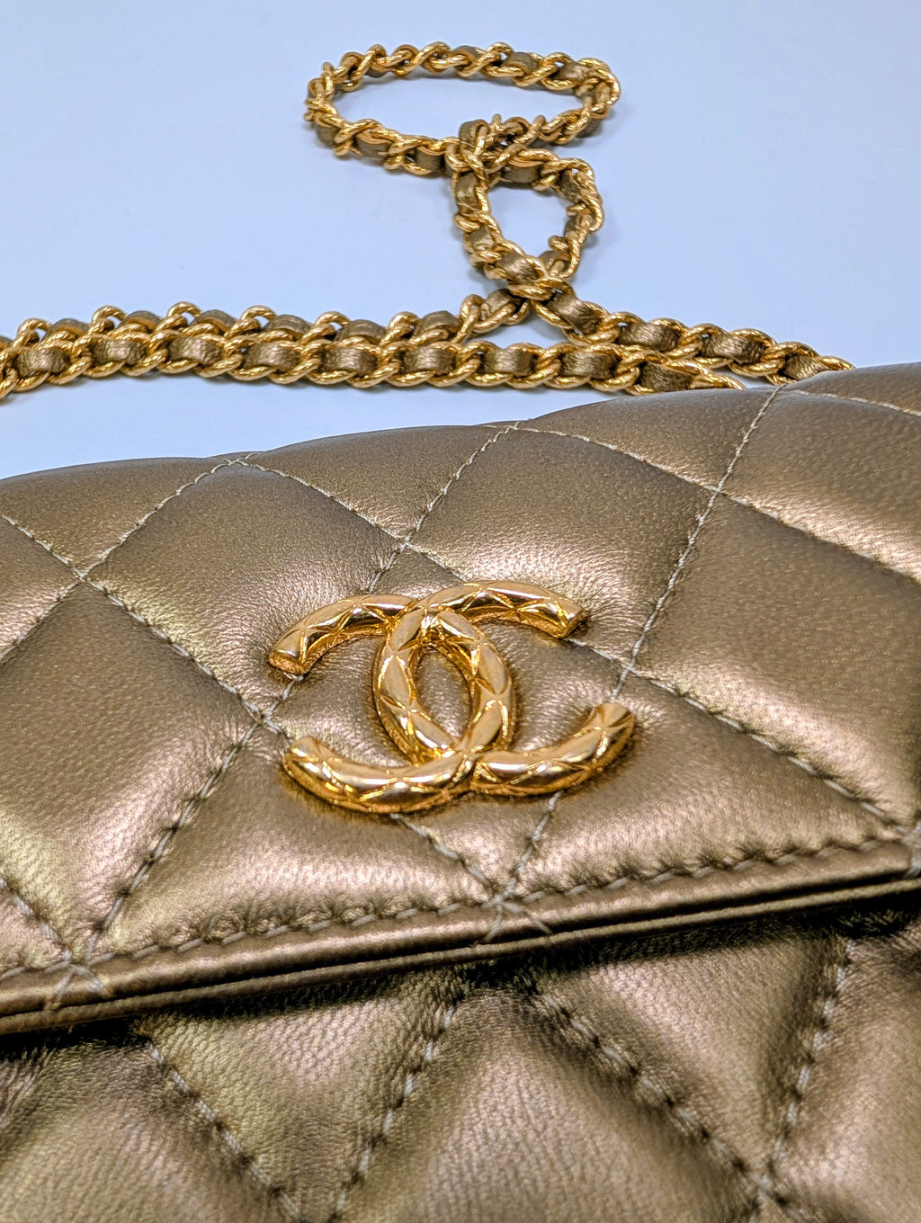 Chanel Metallic Bronze Gold Mini Rectangular Flap with Engraved CCs and Strap Loops with Chanel Gold Card Holder