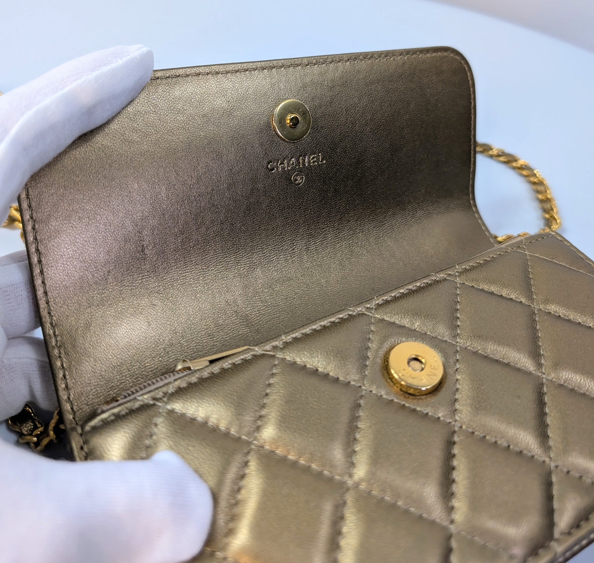Chanel Metallic Bronze Gold Mini Rectangular Flap with Engraved CCs and Strap Loops with Chanel Gold Card Holder