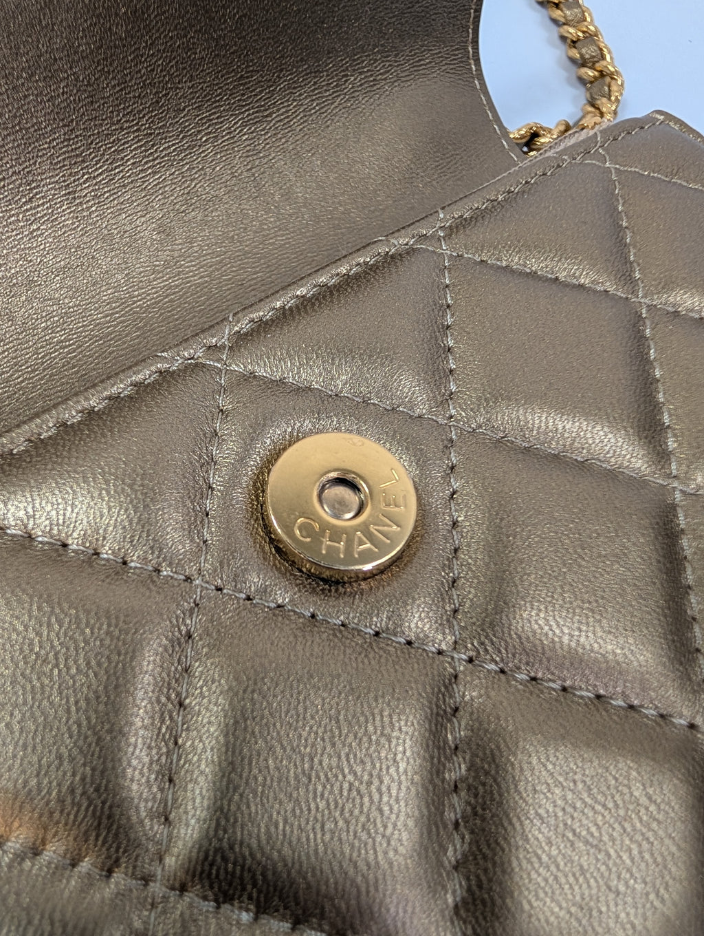 Chanel Metallic Bronze Gold Mini Rectangular Flap with Engraved CCs and Strap Loops with Chanel Gold Card Holder