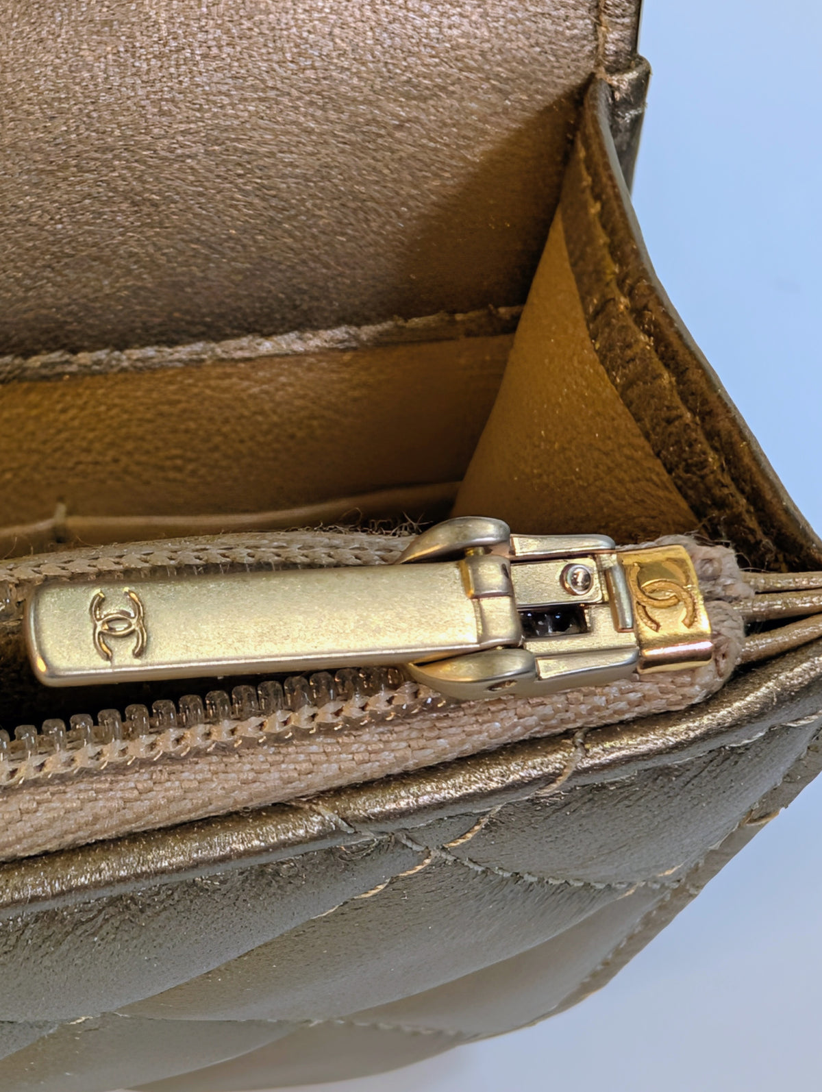 Chanel Metallic Bronze Gold Mini Rectangular Flap with Engraved CCs and Strap Loops with Chanel Gold Card Holder