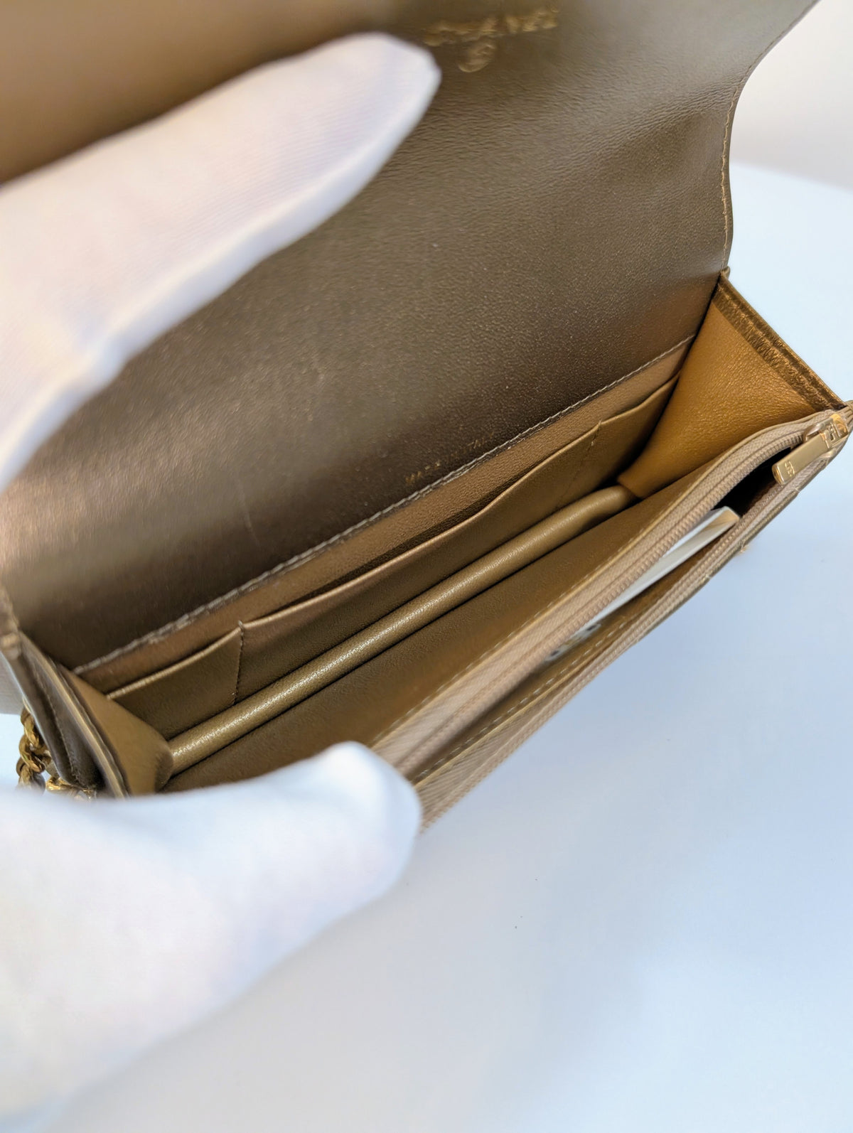 Chanel Metallic Bronze Gold Mini Rectangular Flap with Engraved CCs and Strap Loops with Chanel Gold Card Holder