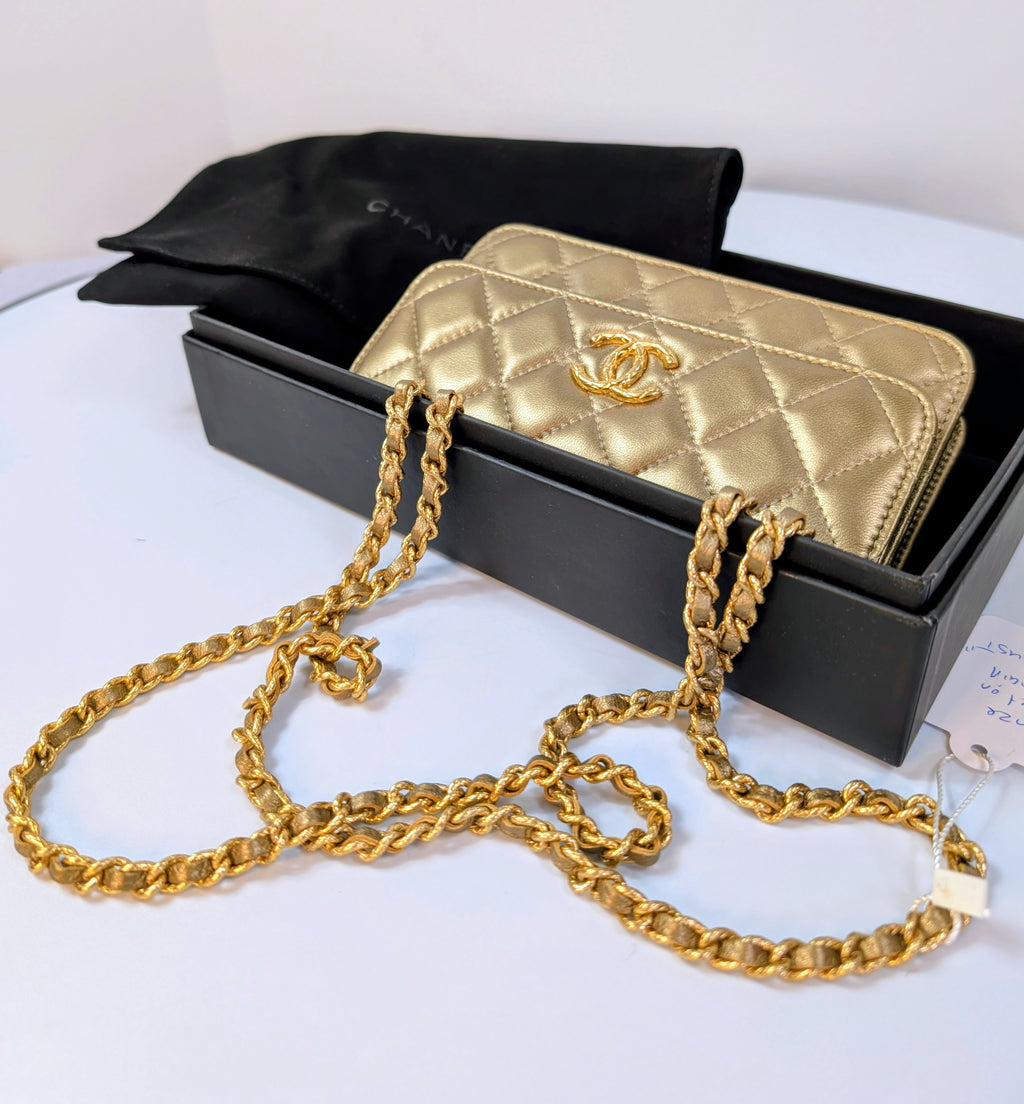 Chanel Metallic Bronze Gold Mini Rectangular Flap with Engraved CCs and Strap Loops with Chanel Gold Card Holder