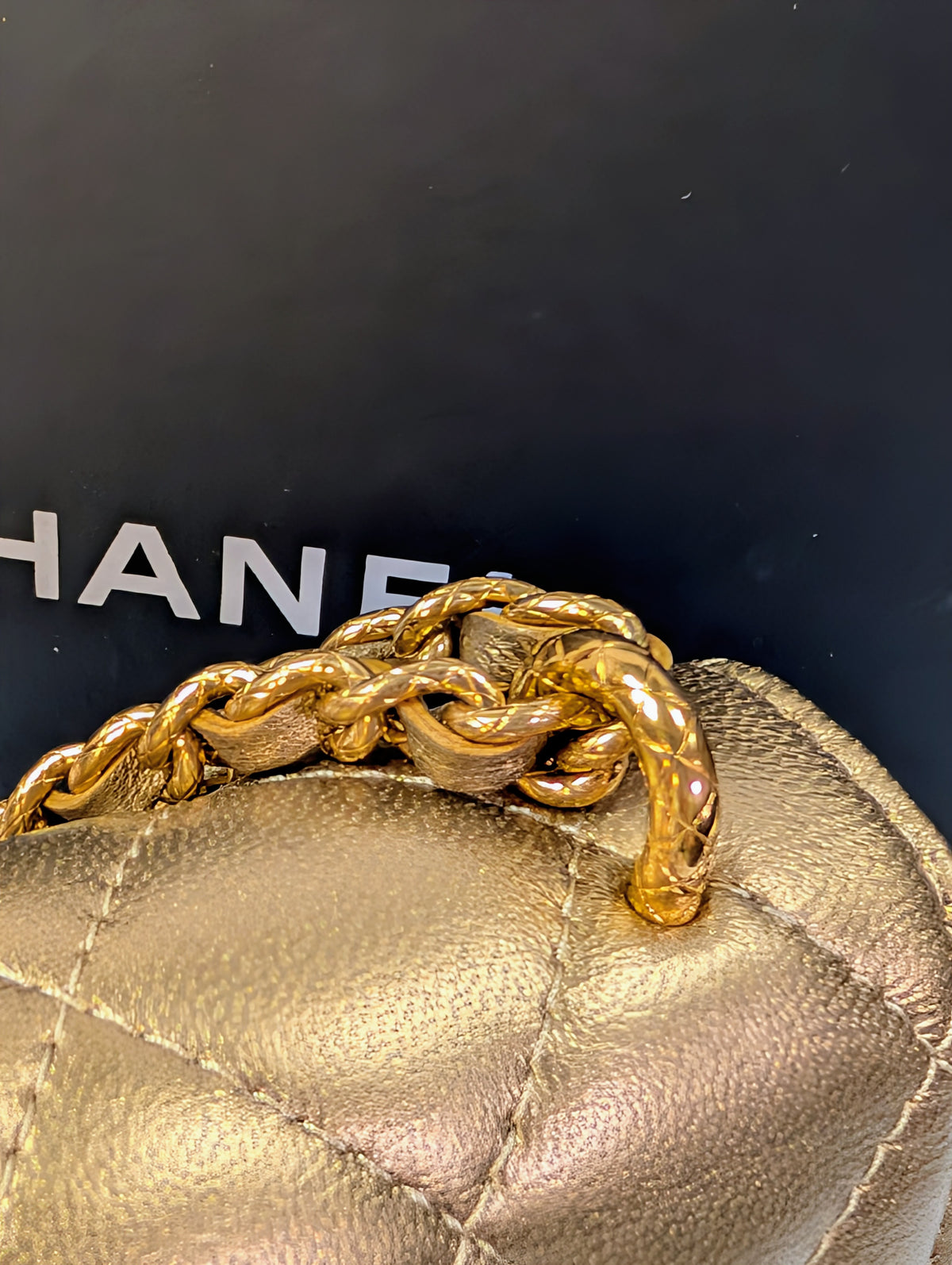Chanel Metallic Bronze Gold Mini Rectangular Flap with Engraved CCs and Strap Loops with Chanel Gold Card Holder