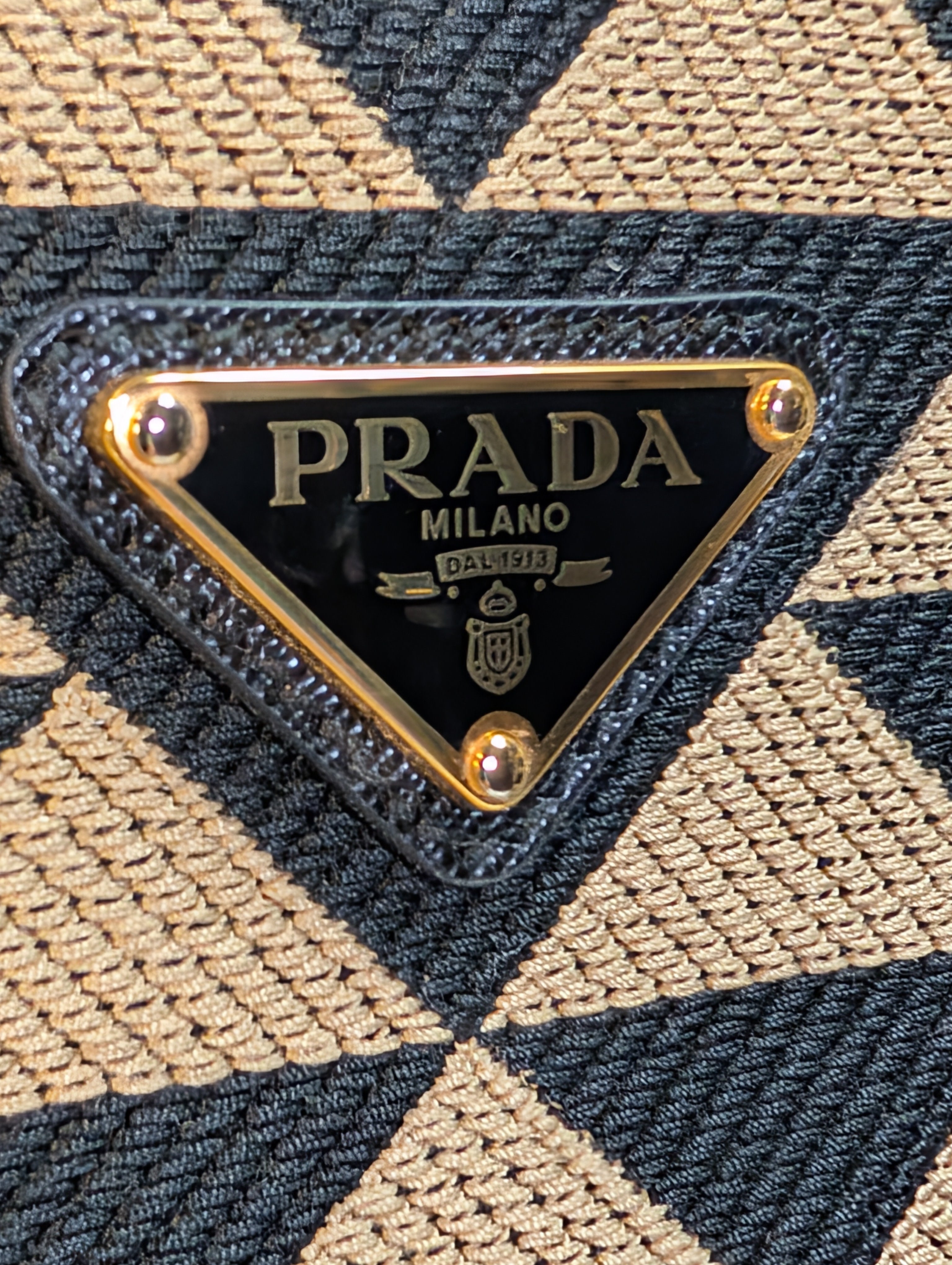 Prada Large Beige and Black Triangle Pattern Jacquard Tote Bag with Saffiano Leather Trim