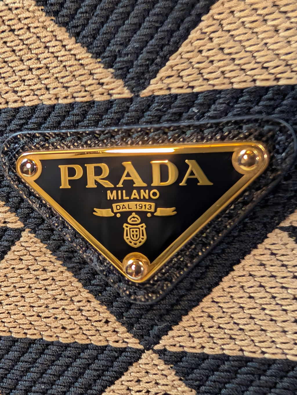Prada Large Beige and Black Triangle Pattern Jacquard Tote Bag with Saffiano Leather Trim