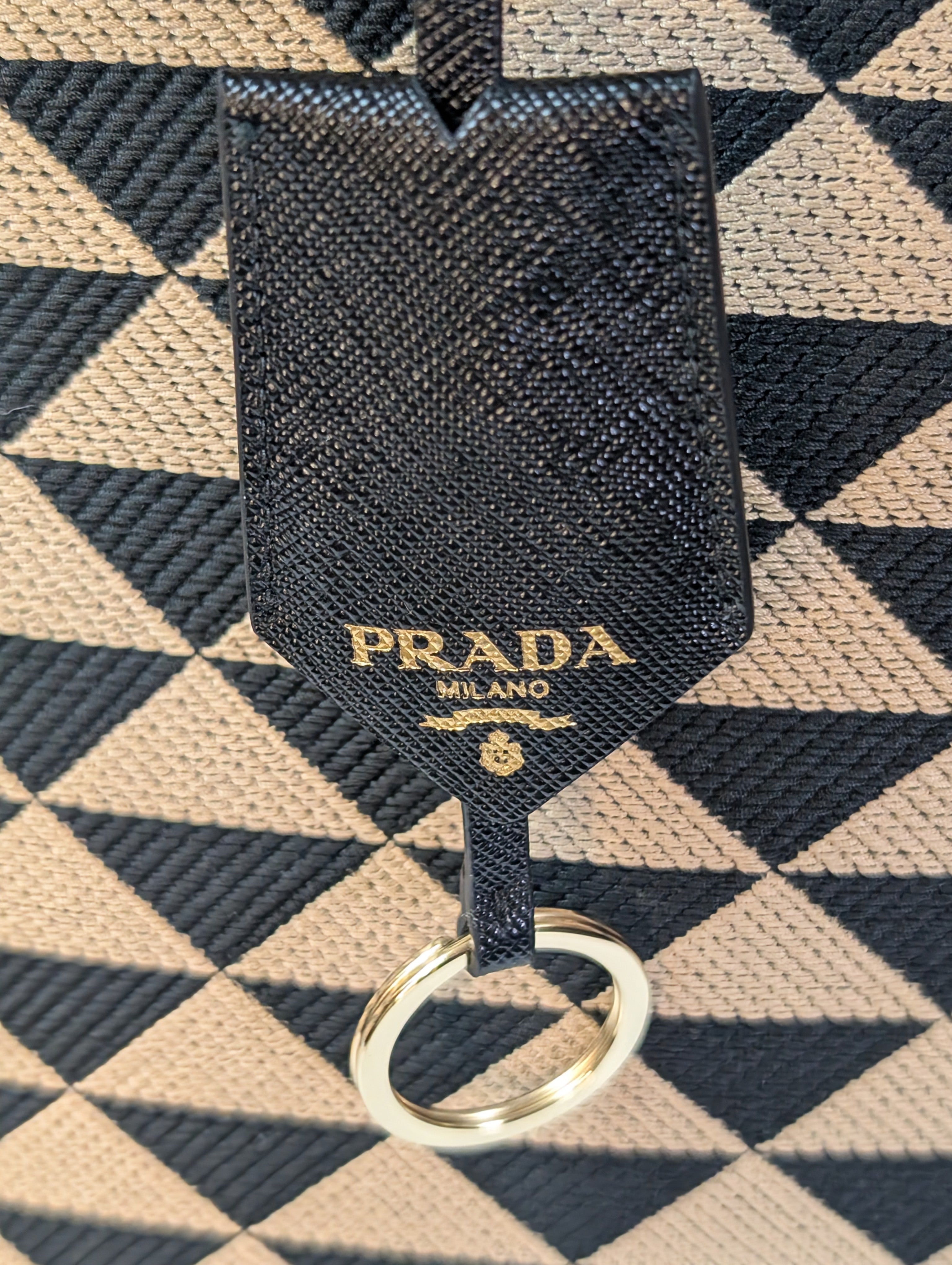 Prada Large Beige and Black Triangle Pattern Jacquard Tote Bag with Saffiano Leather Trim