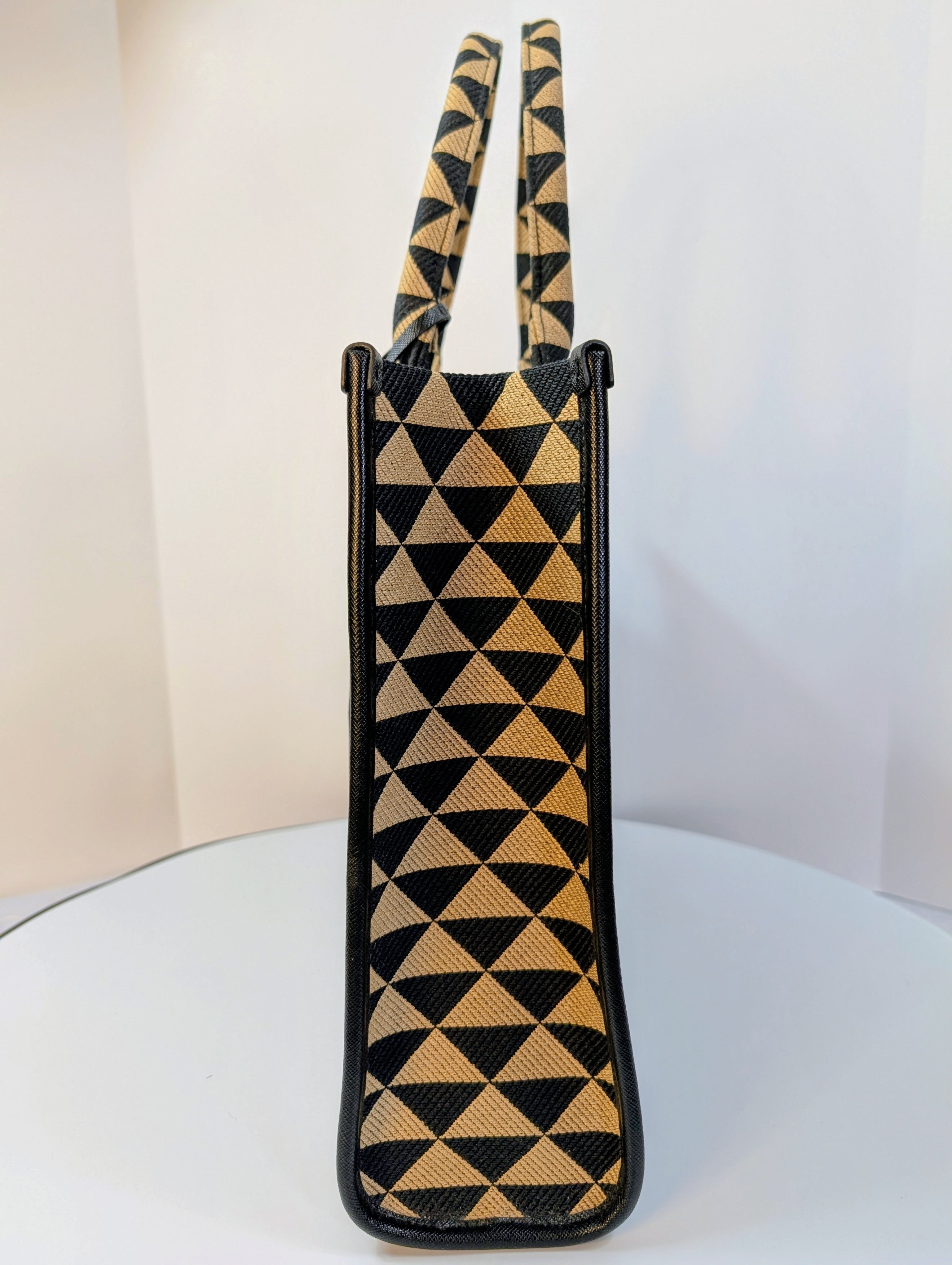 Prada Large Beige and Black Triangle Pattern Jacquard Tote Bag with Saffiano Leather Trim