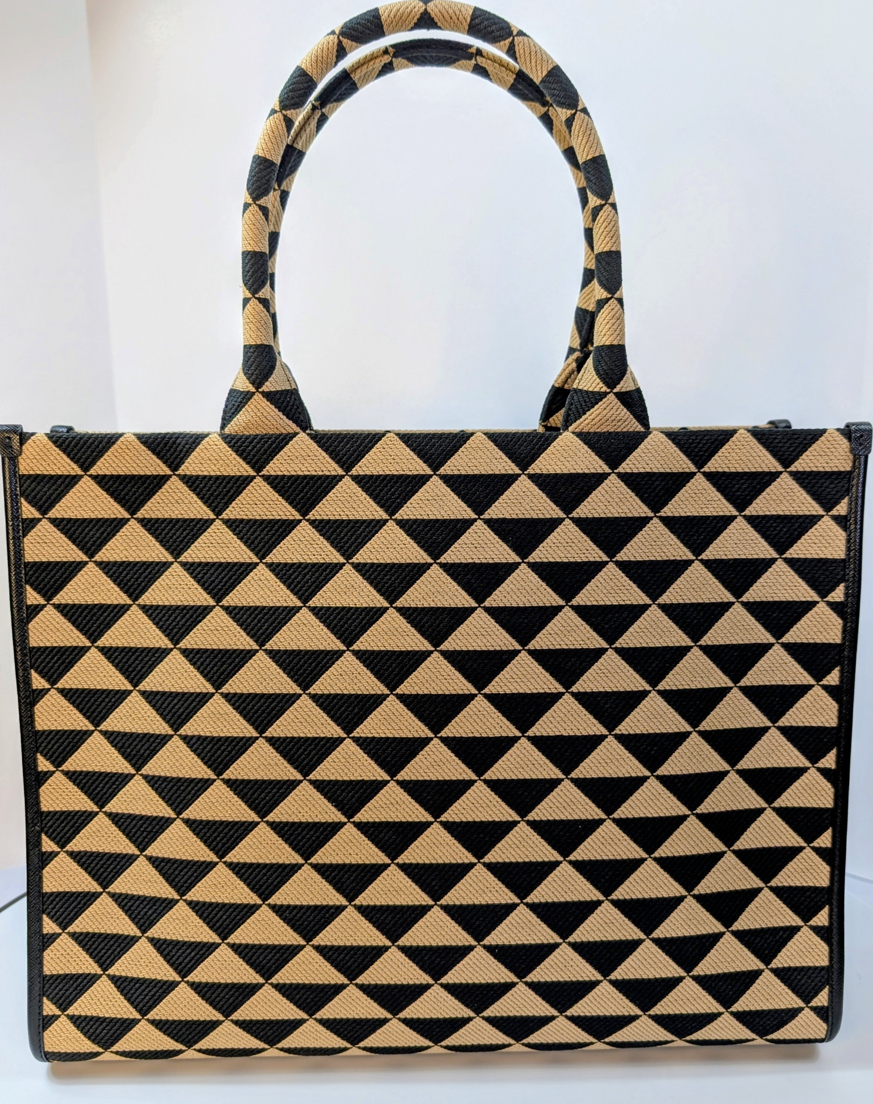 Prada Large Beige and Black Triangle Pattern Jacquard Tote Bag with Saffiano Leather Trim