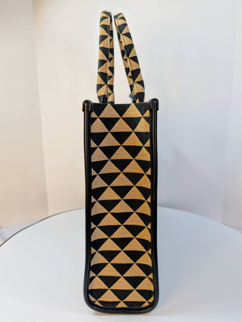 Prada Large Beige and Black Triangle Pattern Jacquard Tote Bag with Saffiano Leather Trim