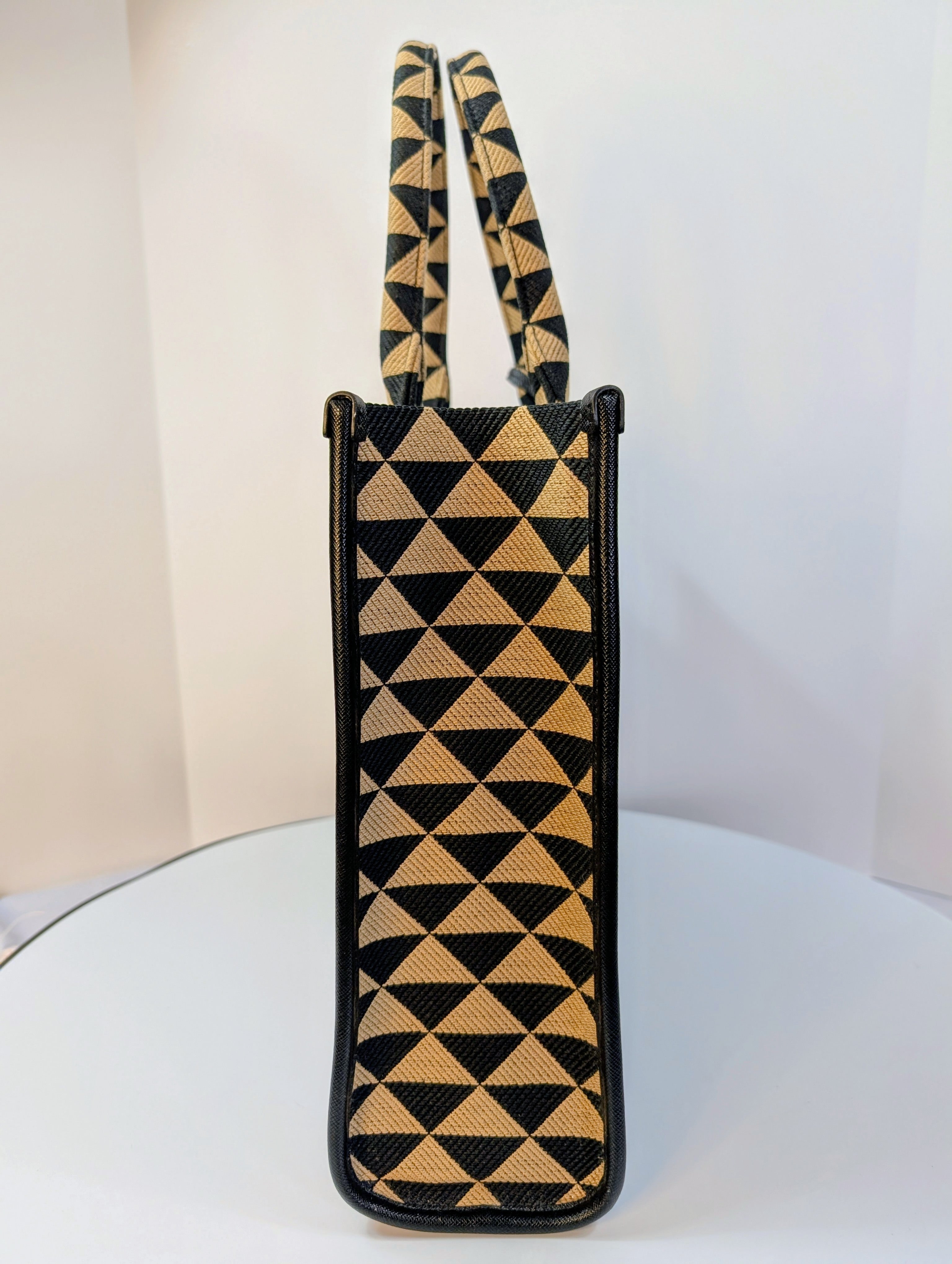 Prada Large Beige and Black Triangle Pattern Jacquard Tote Bag with Saffiano Leather Trim