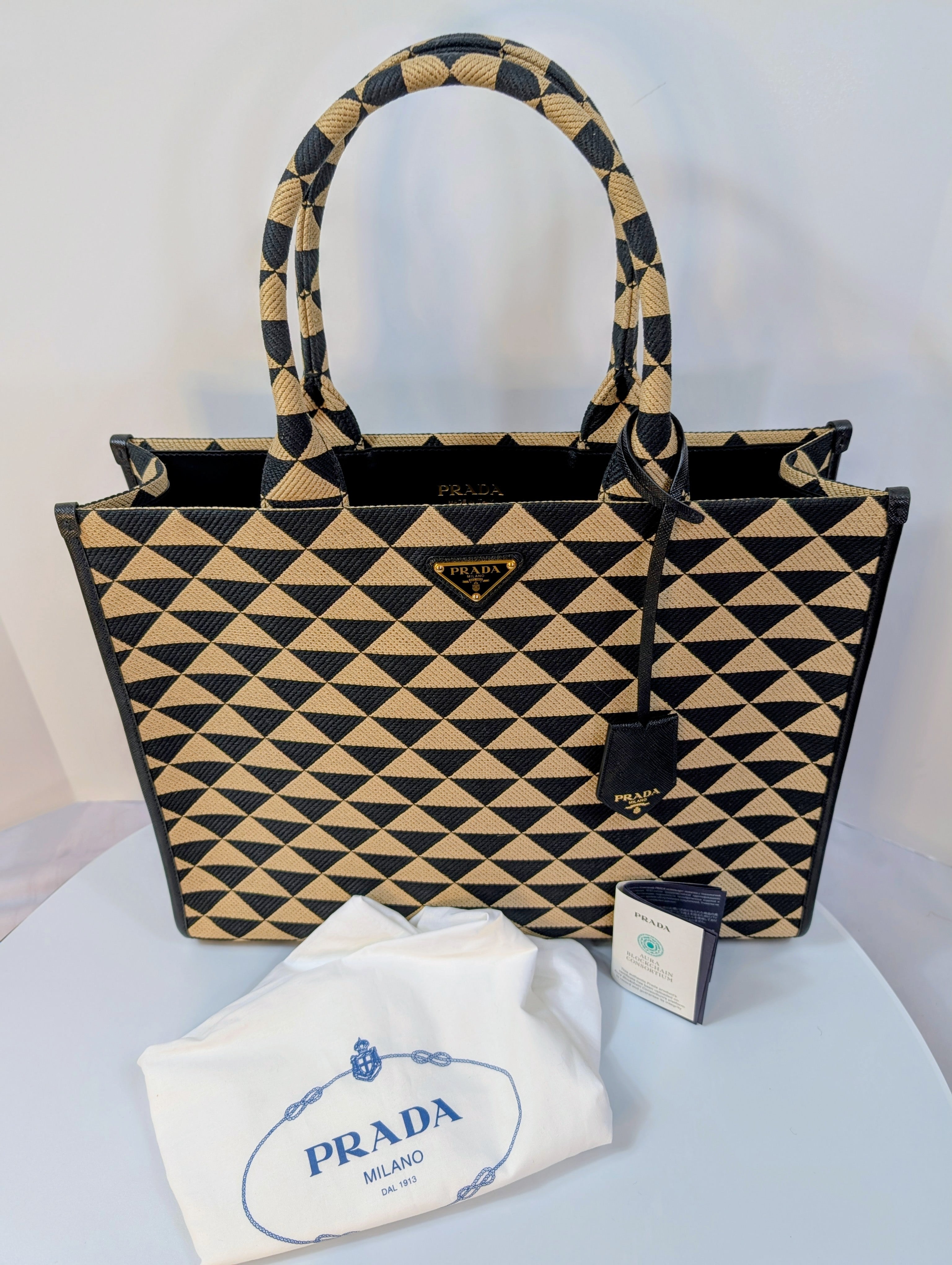 Prada Large Beige and Black Triangle Pattern Jacquard Tote Bag with Saffiano Leather Trim