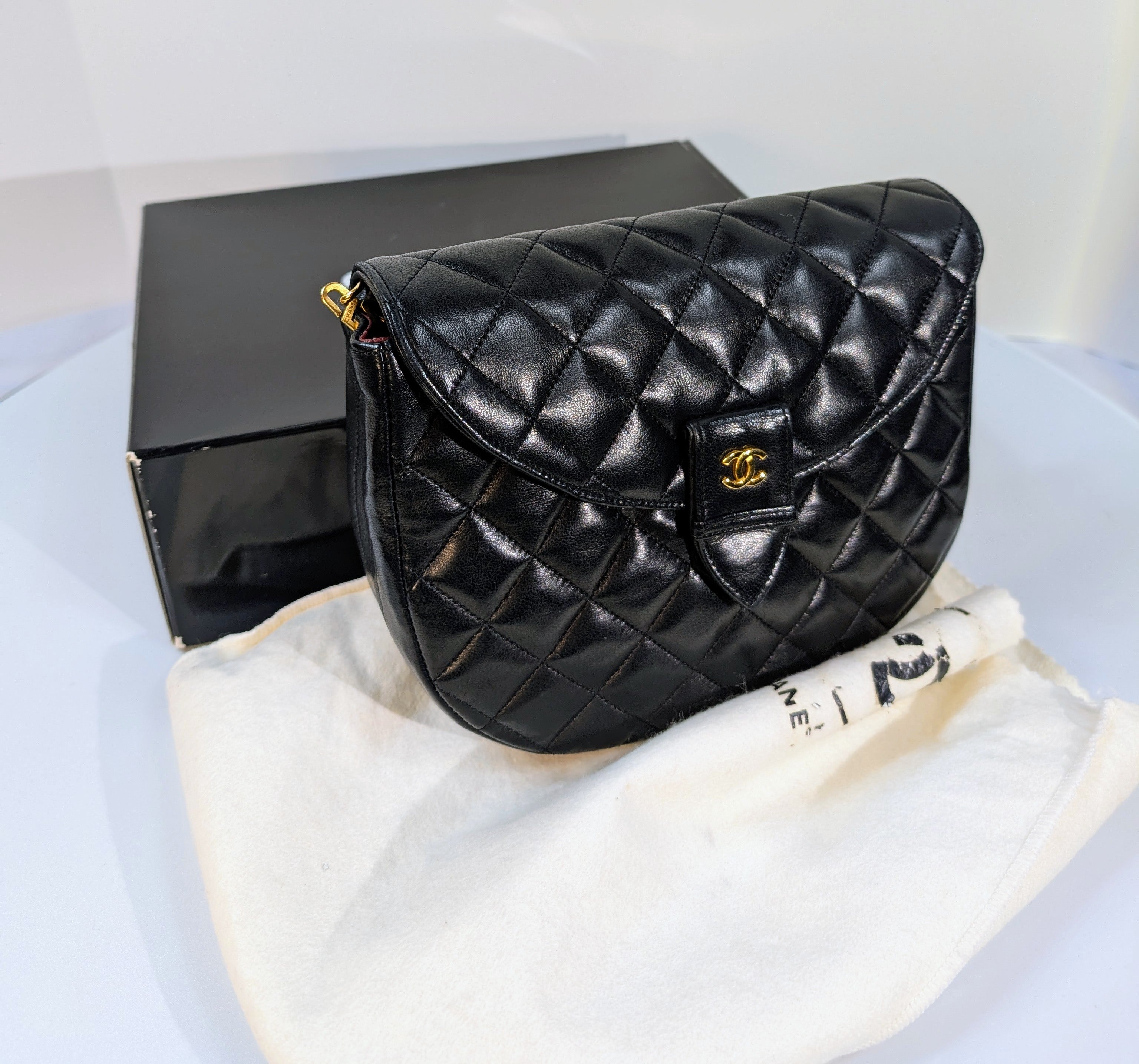Chanel Vintage 0-Series Black Diana-Style Half Moon Flap Bag