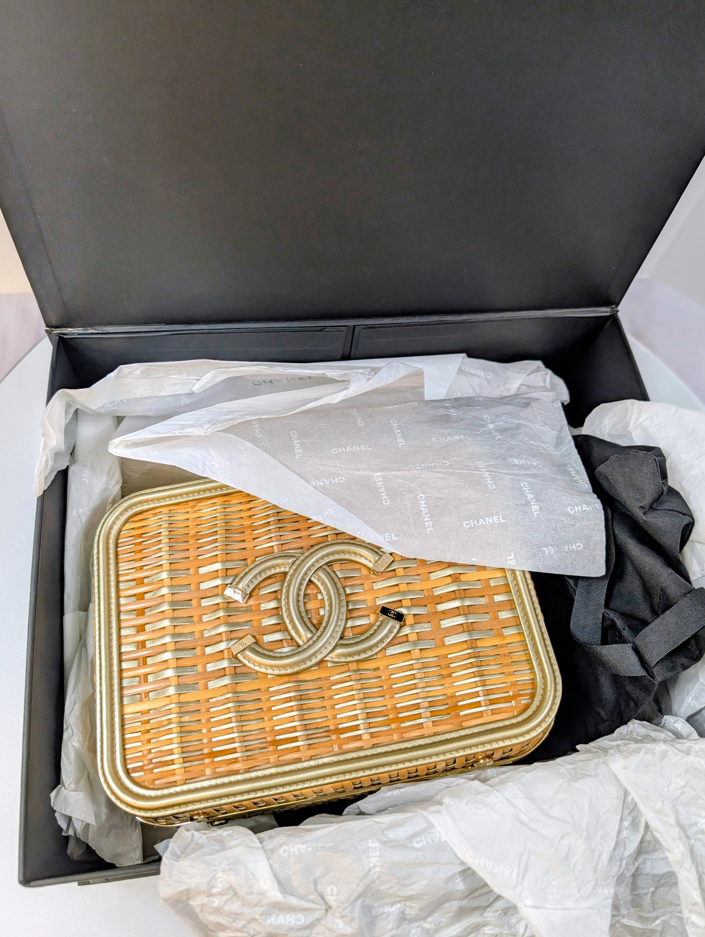 Chanel Rare Box Bag in Woven Rattan and Champaign Gold Leather