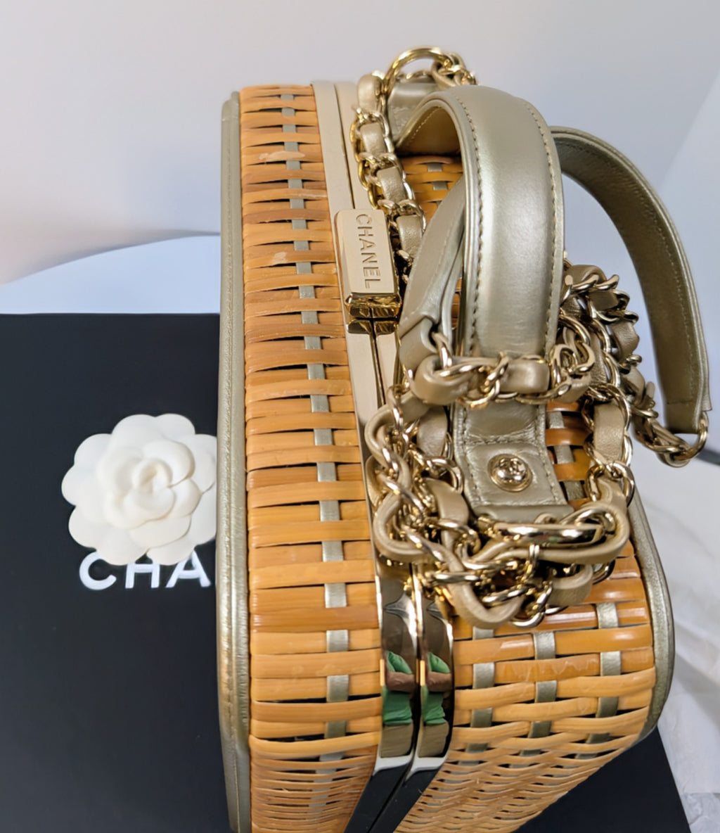 Chanel Rare Box Bag in Woven Rattan and Champaign Gold Leather