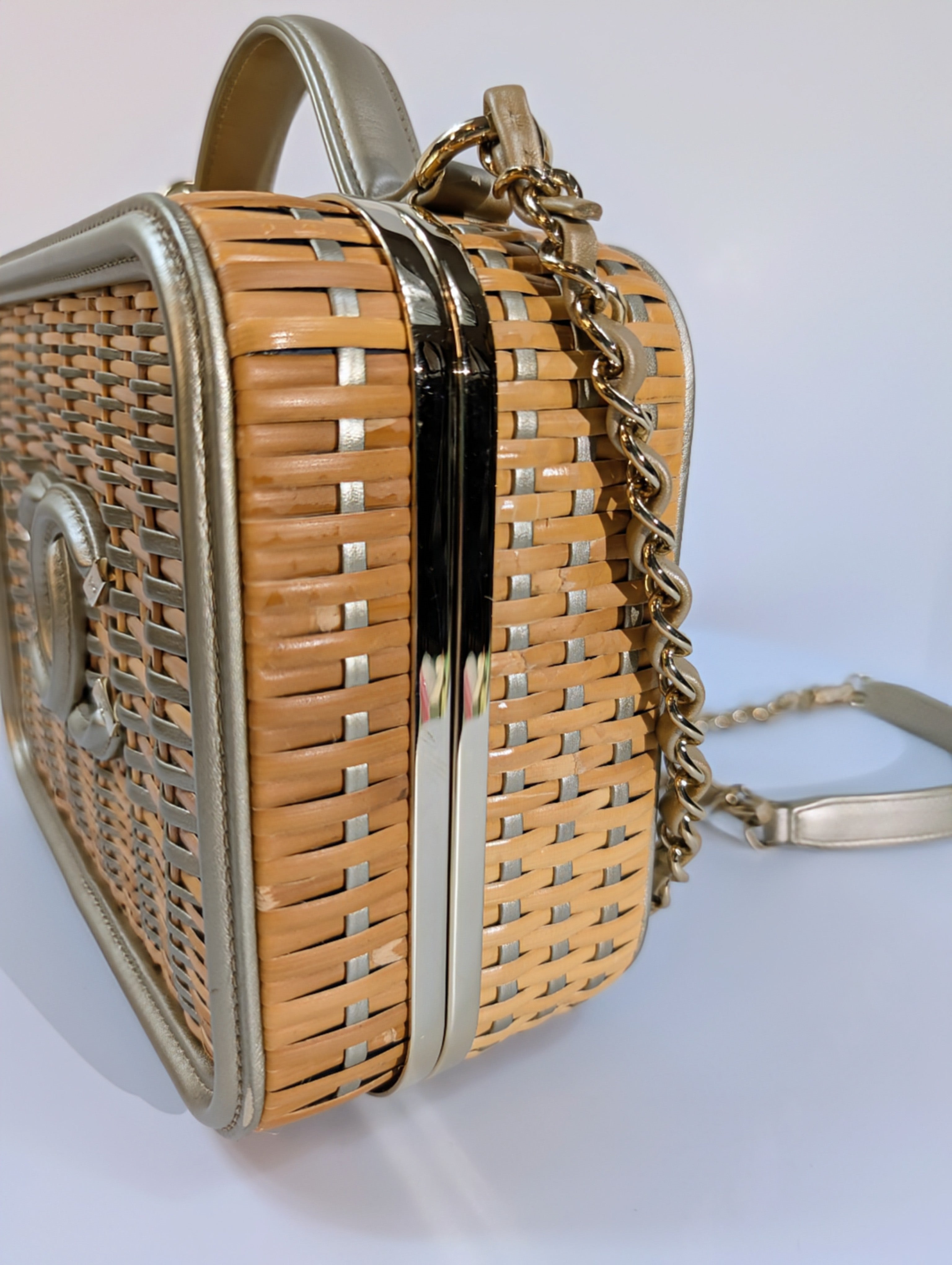 Chanel Rare Box Bag in Woven Rattan and Champaign Gold Leather