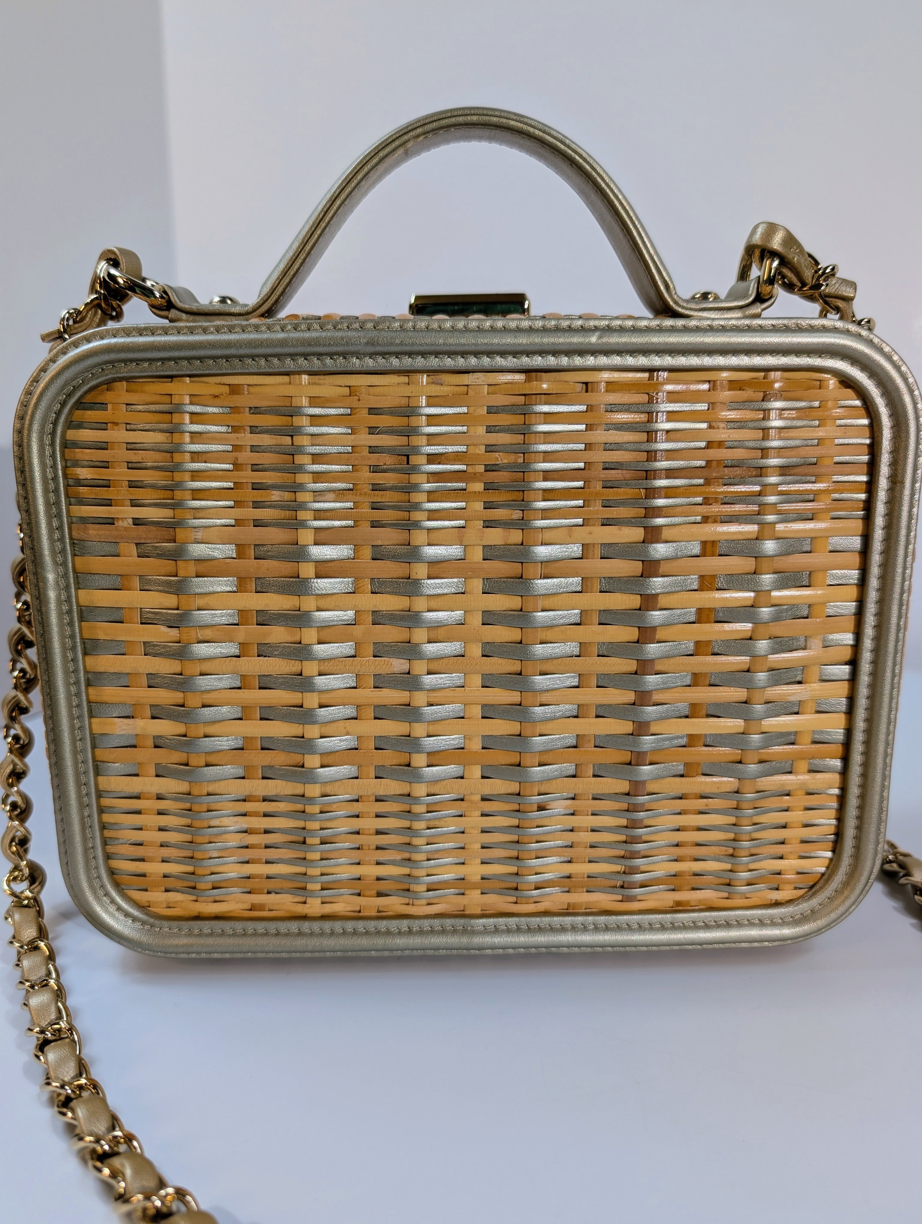 Chanel Rare Box Bag in Woven Rattan and Champaign Gold Leather