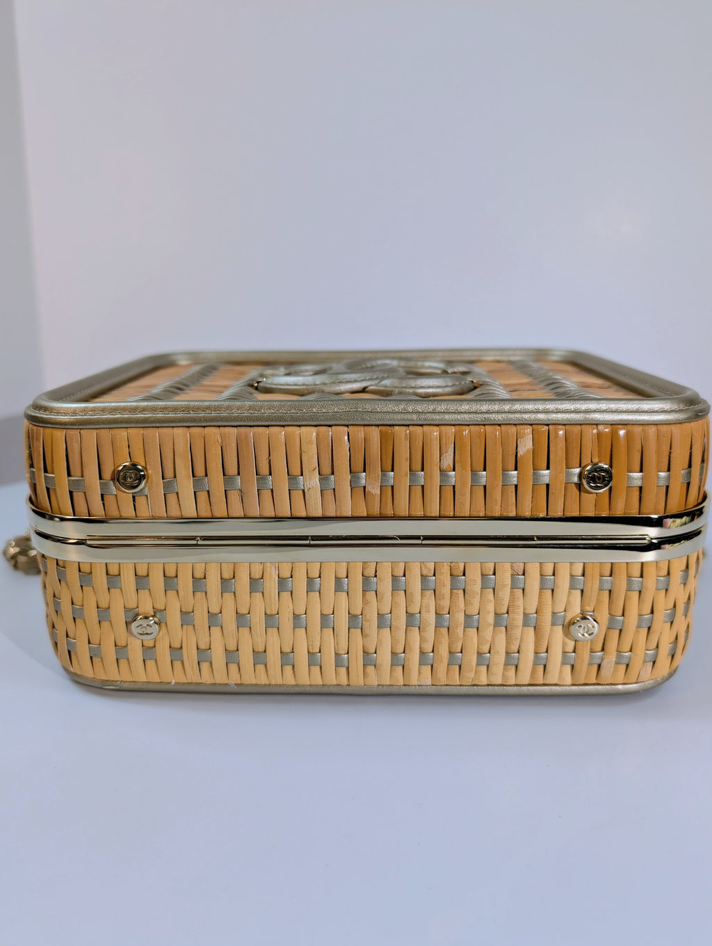 Chanel Rare Box Bag in Woven Rattan and Champaign Gold Leather