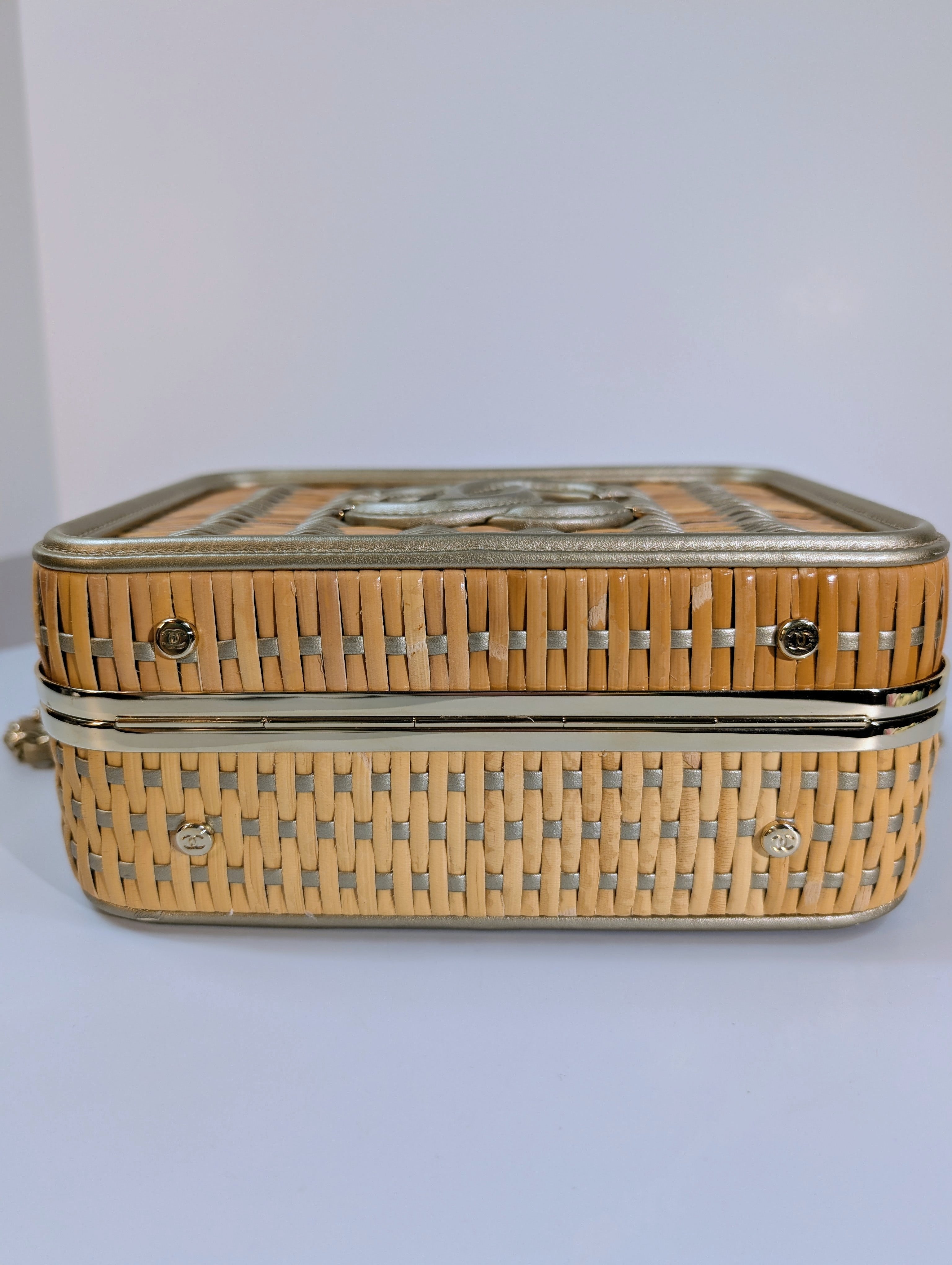 Chanel Rare Box Bag in Woven Rattan and Champaign Gold Leather