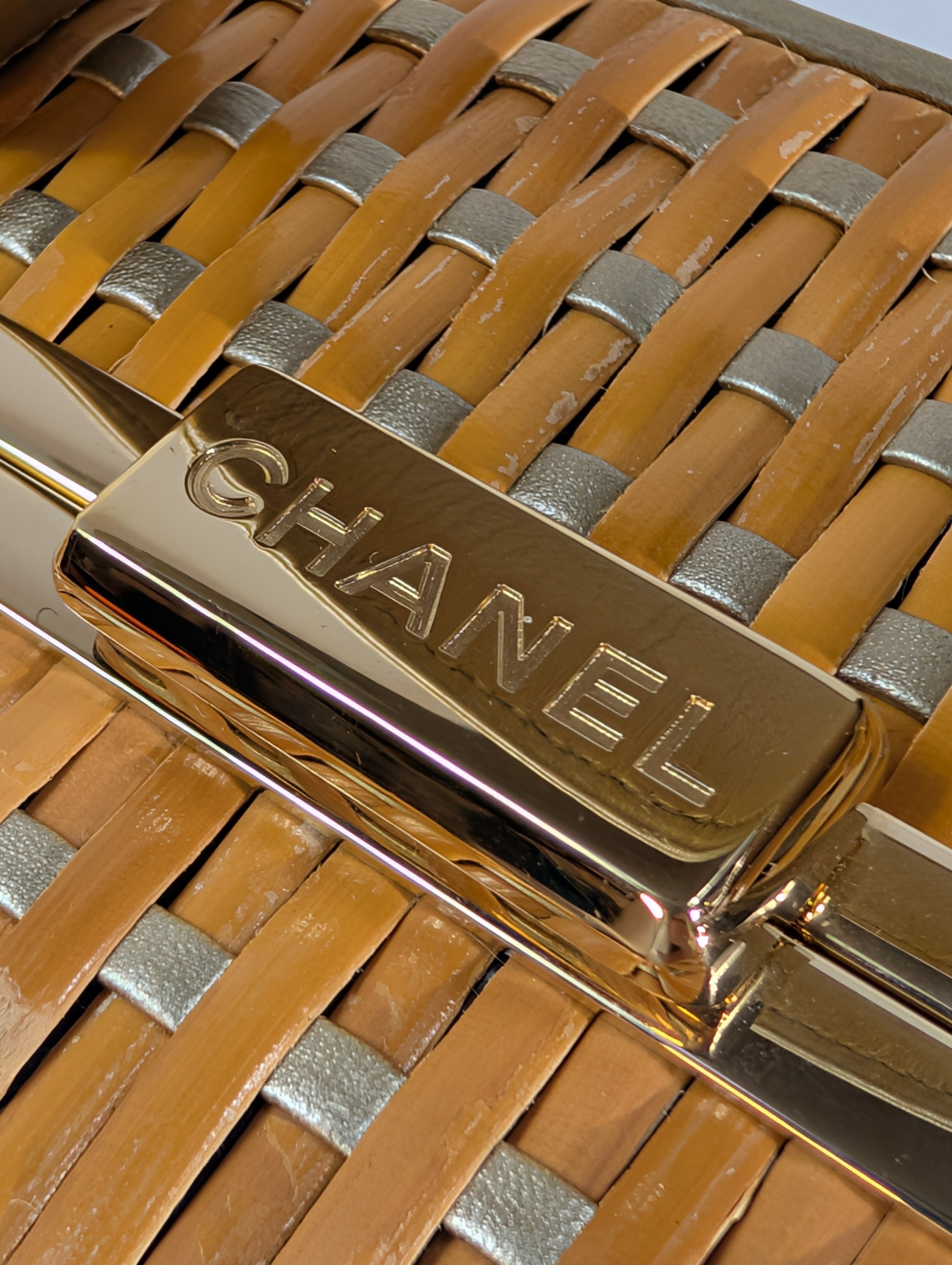 Chanel Rare Box Bag in Woven Rattan and Champaign Gold Leather