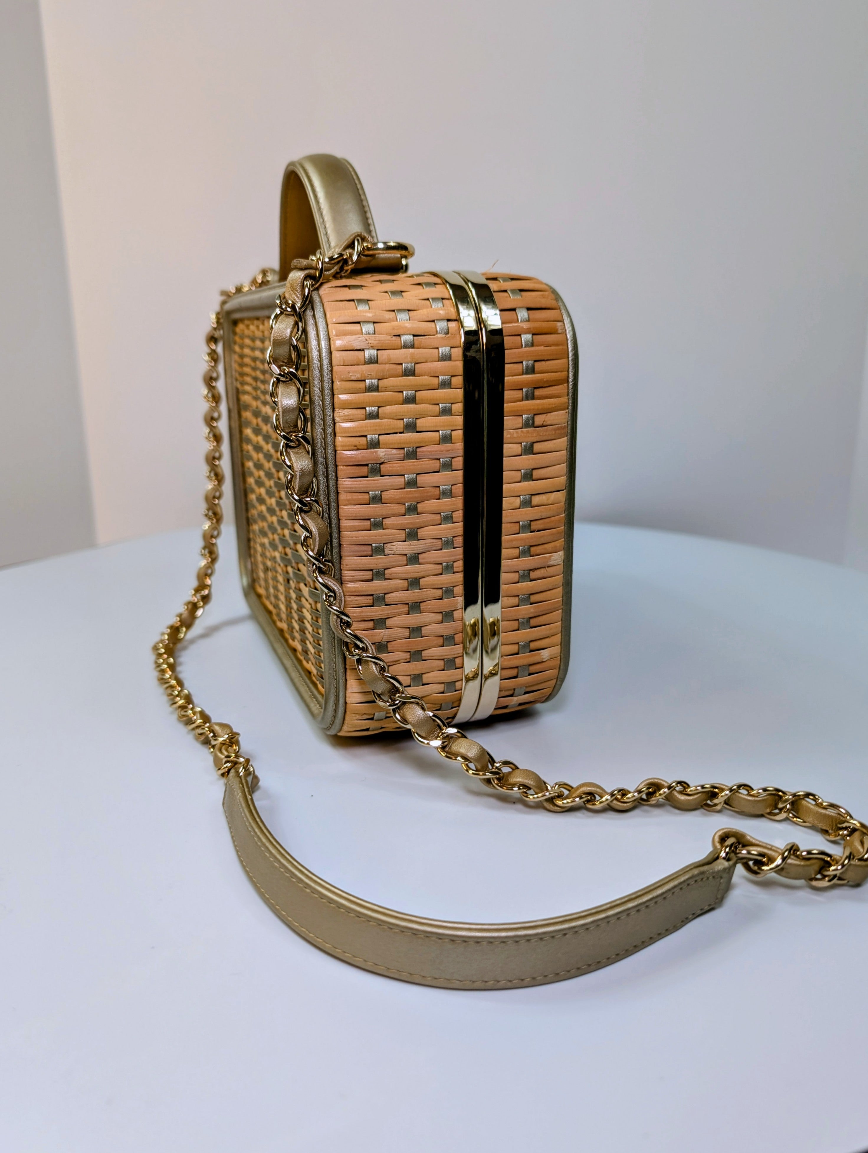 Chanel Rare Box Bag in Woven Rattan and Champaign Gold Leather