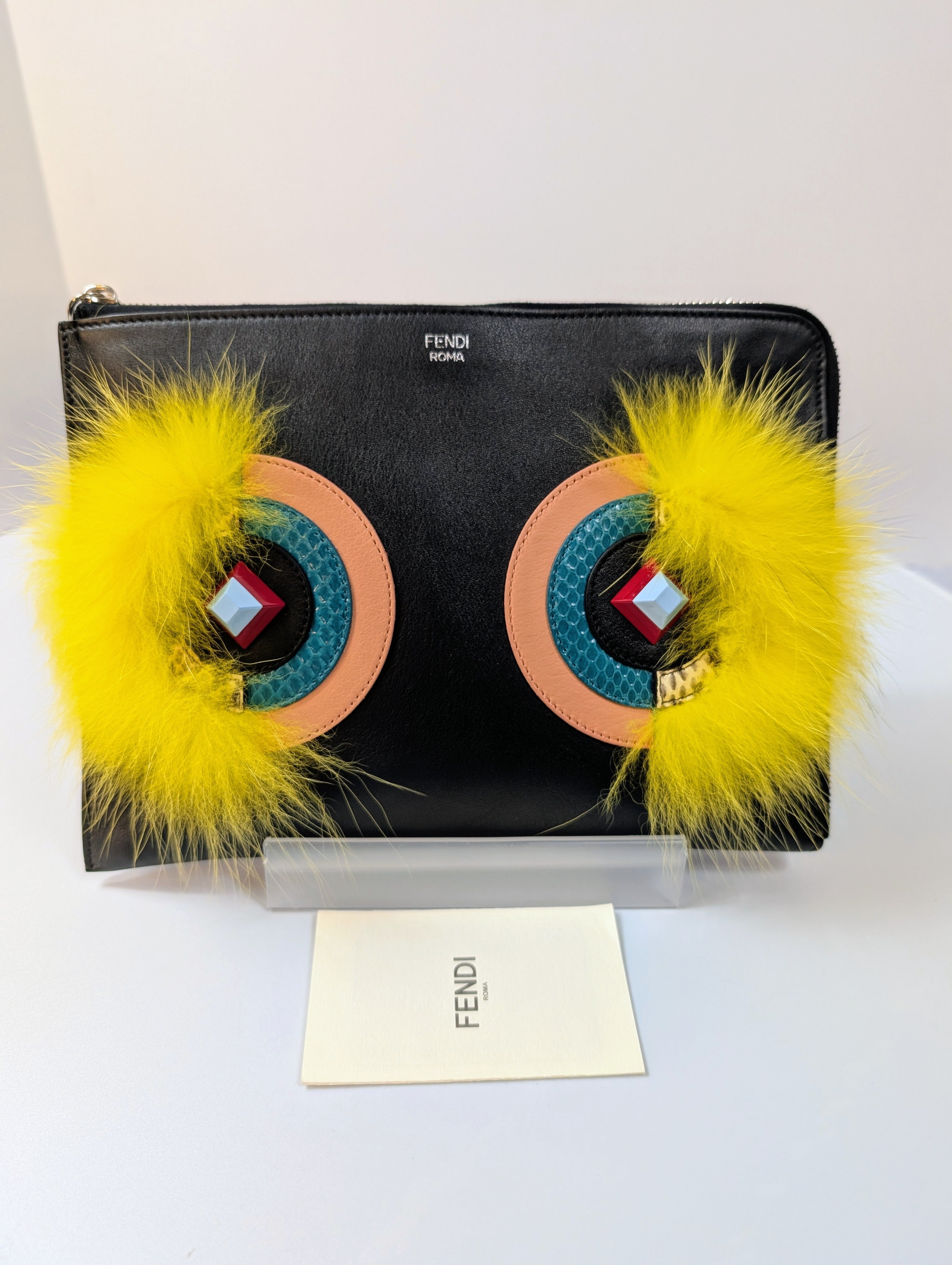 Fendi Bag Bugs Monster Eyes Black Leather Clutch with Fur, Python accents