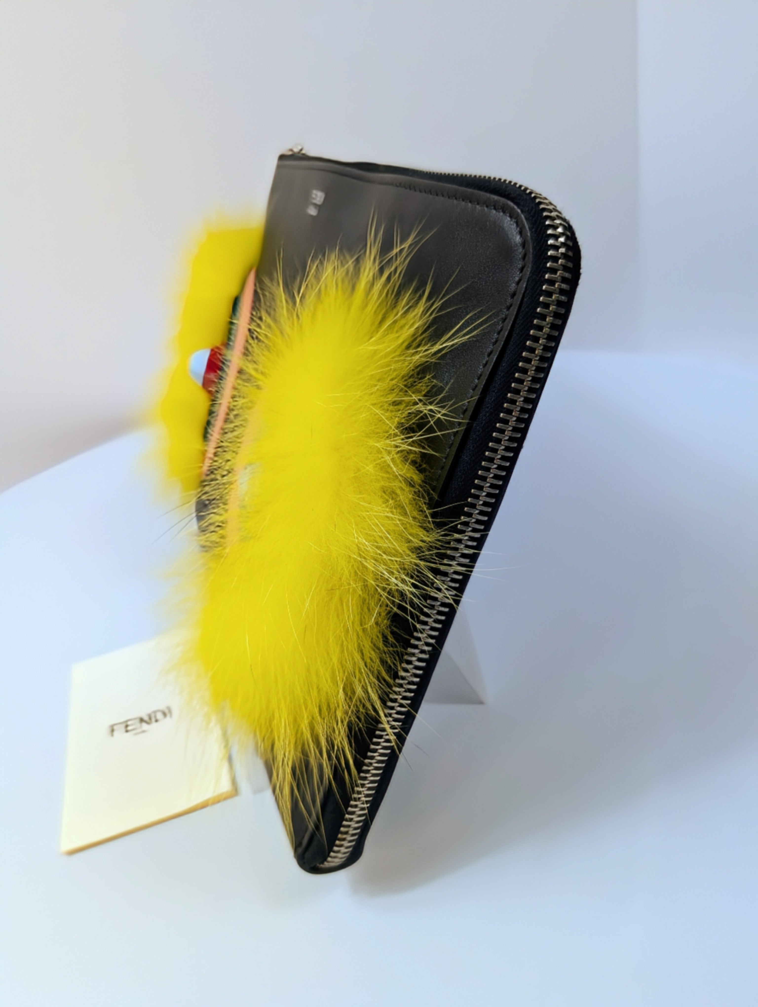 Fendi Bag Bugs Monster Eyes Black Leather Clutch with Fur, Python accents