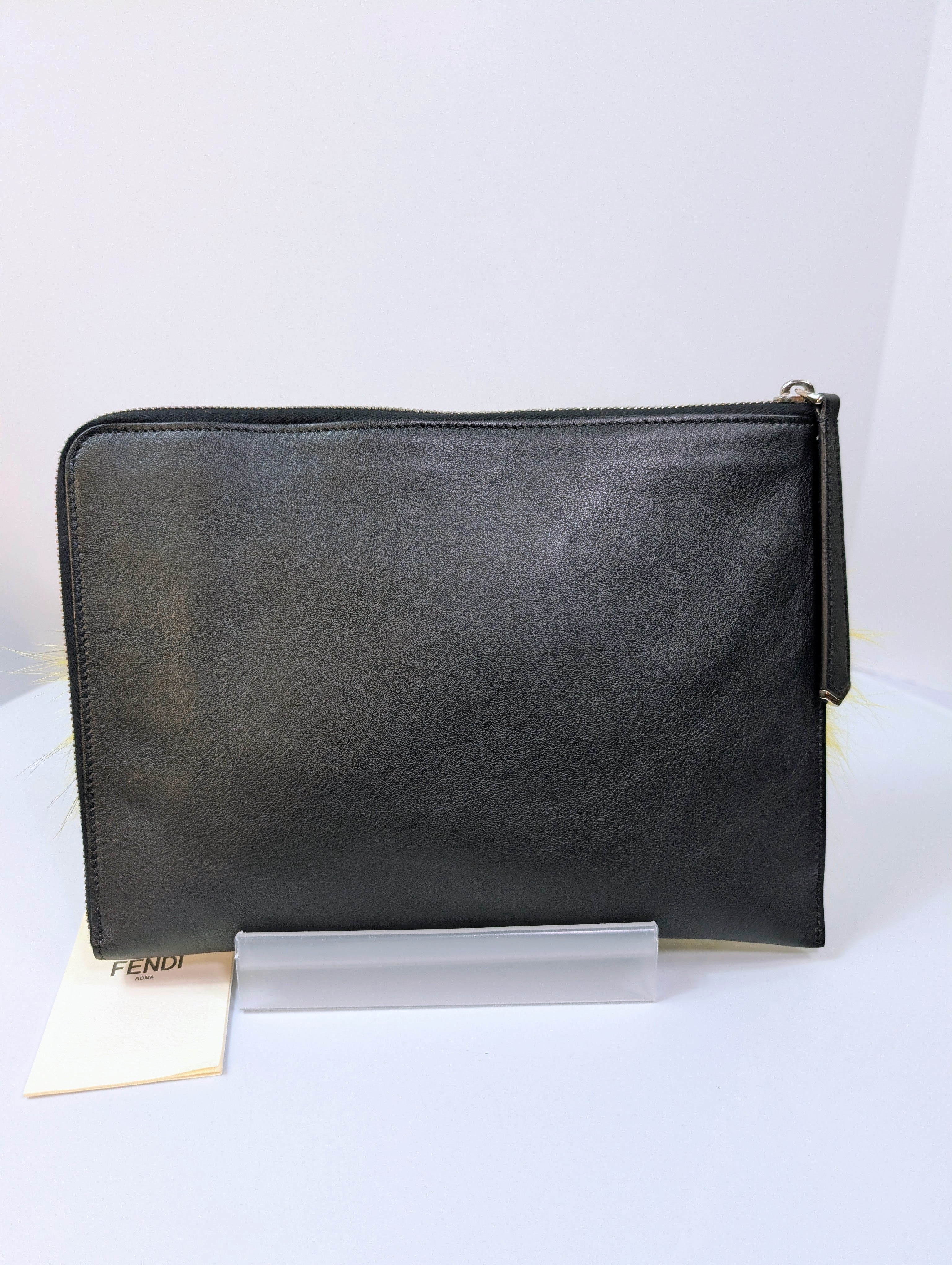 Fendi Bag Bugs Monster Eyes Black Leather Clutch with Fur, Python accents