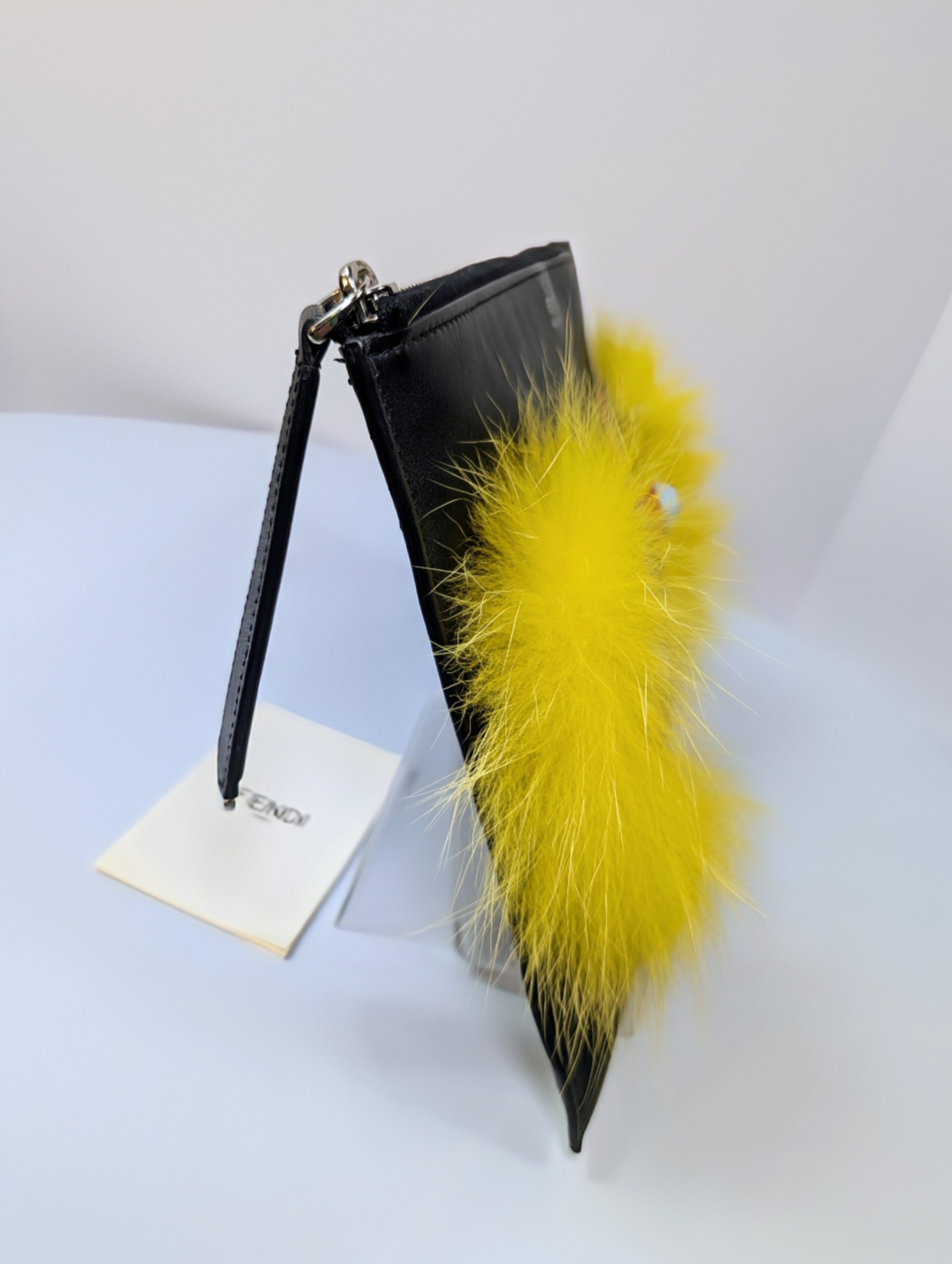 Fendi Bag Bugs Monster Eyes Black Leather Clutch with Fur, Python accents
