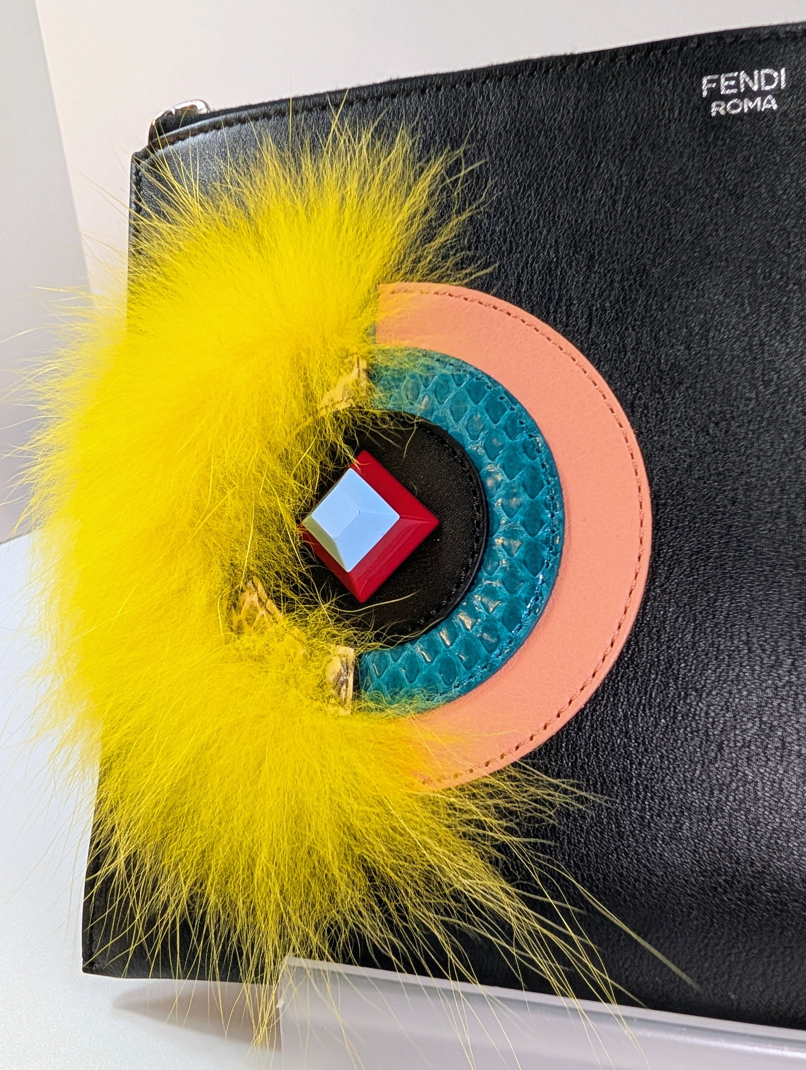 Fendi Bag Bugs Monster Eyes Black Leather Clutch with Fur, Python accents