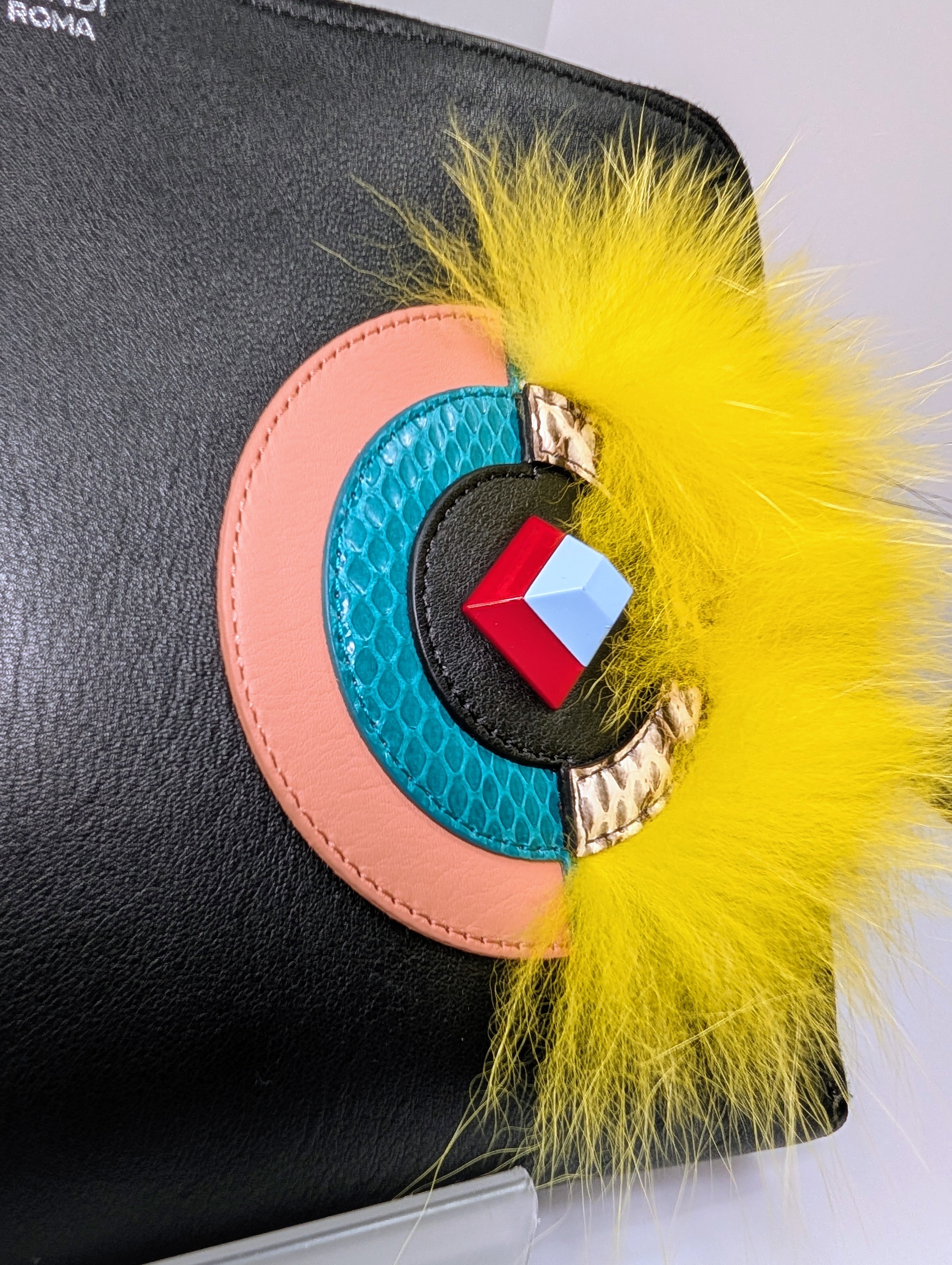 Fendi Bag Bugs Monster Eyes Black Leather Clutch with Fur, Python accents