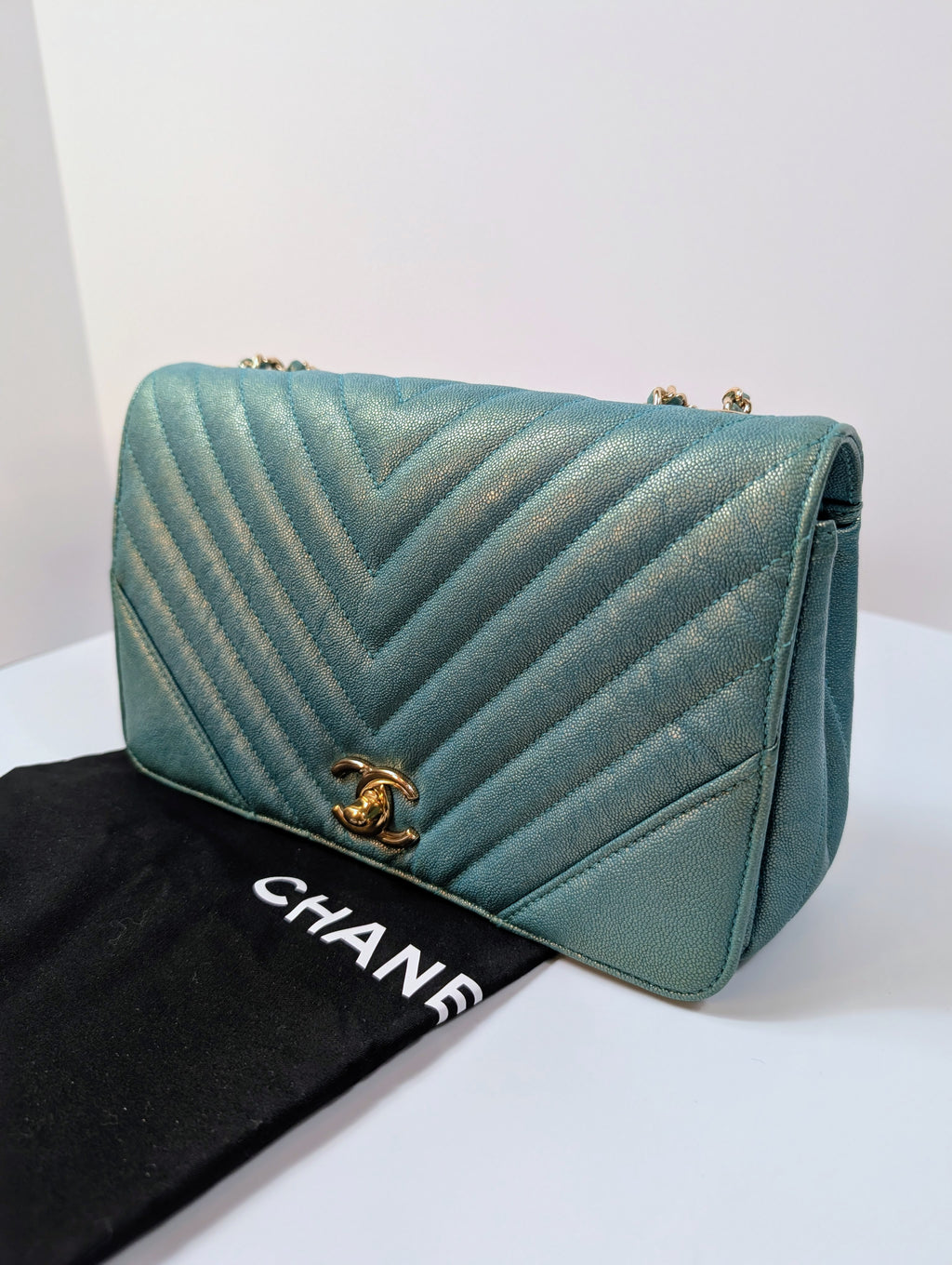 Chanel Rare Turquoise Luminescent Chevron Medium Quilted Classic Flap Bag