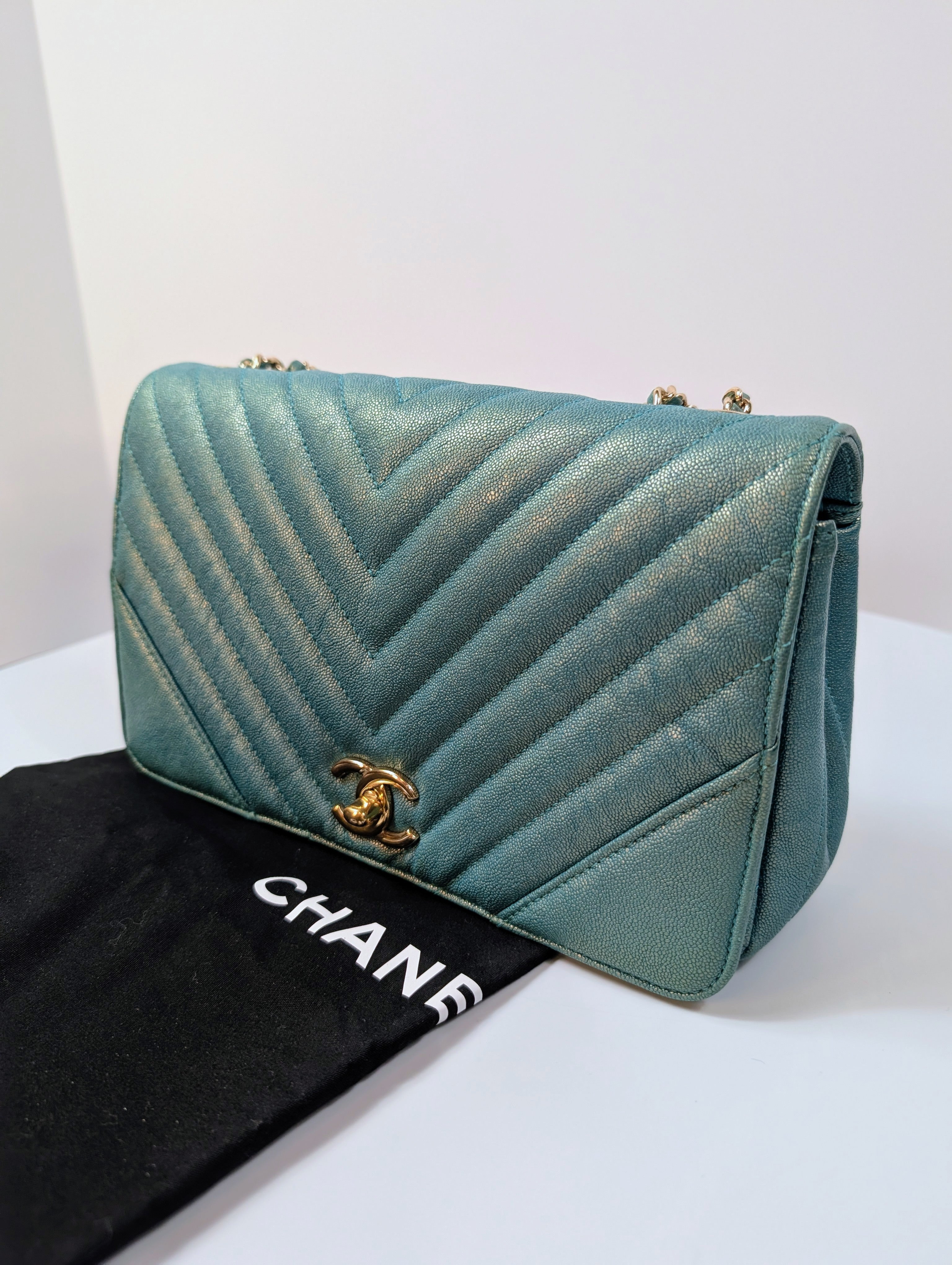 Chanel Rare Turquoise Luminescent Chevron Medium Quilted Classic Flap Bag