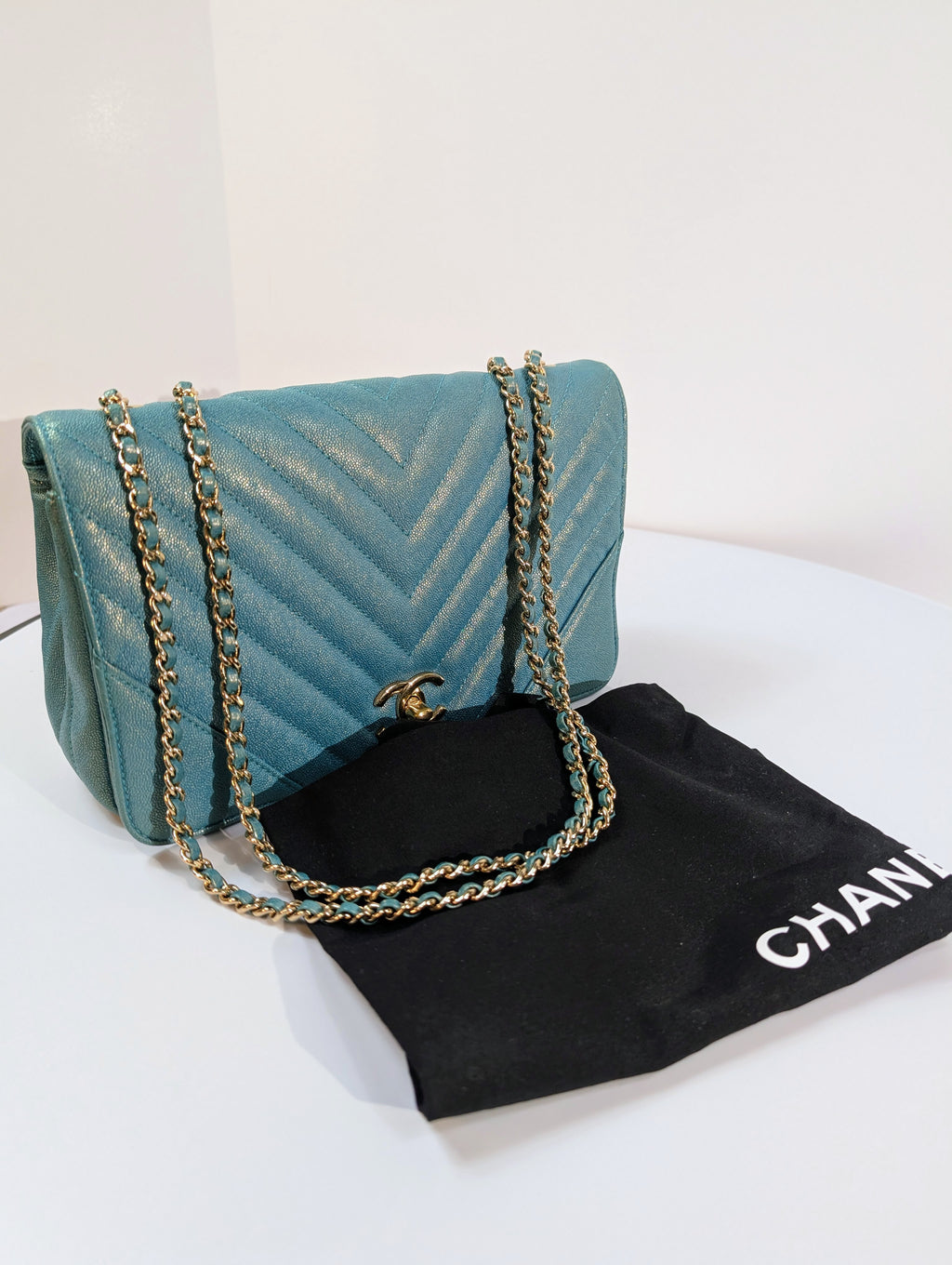 Chanel Rare Turquoise Luminescent Chevron Medium Quilted Classic Flap Bag