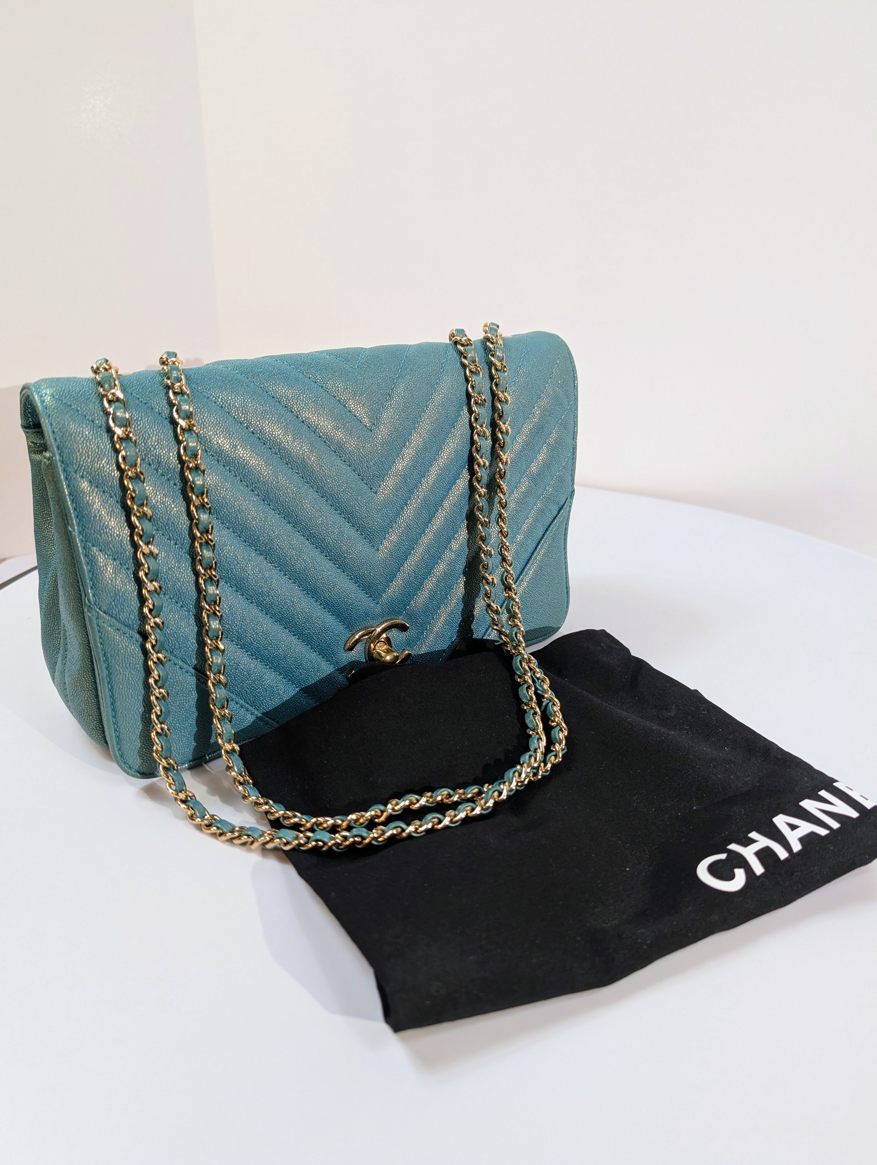 Chanel Rare Turquoise Luminescent Chevron Medium Quilted Classic Flap Bag