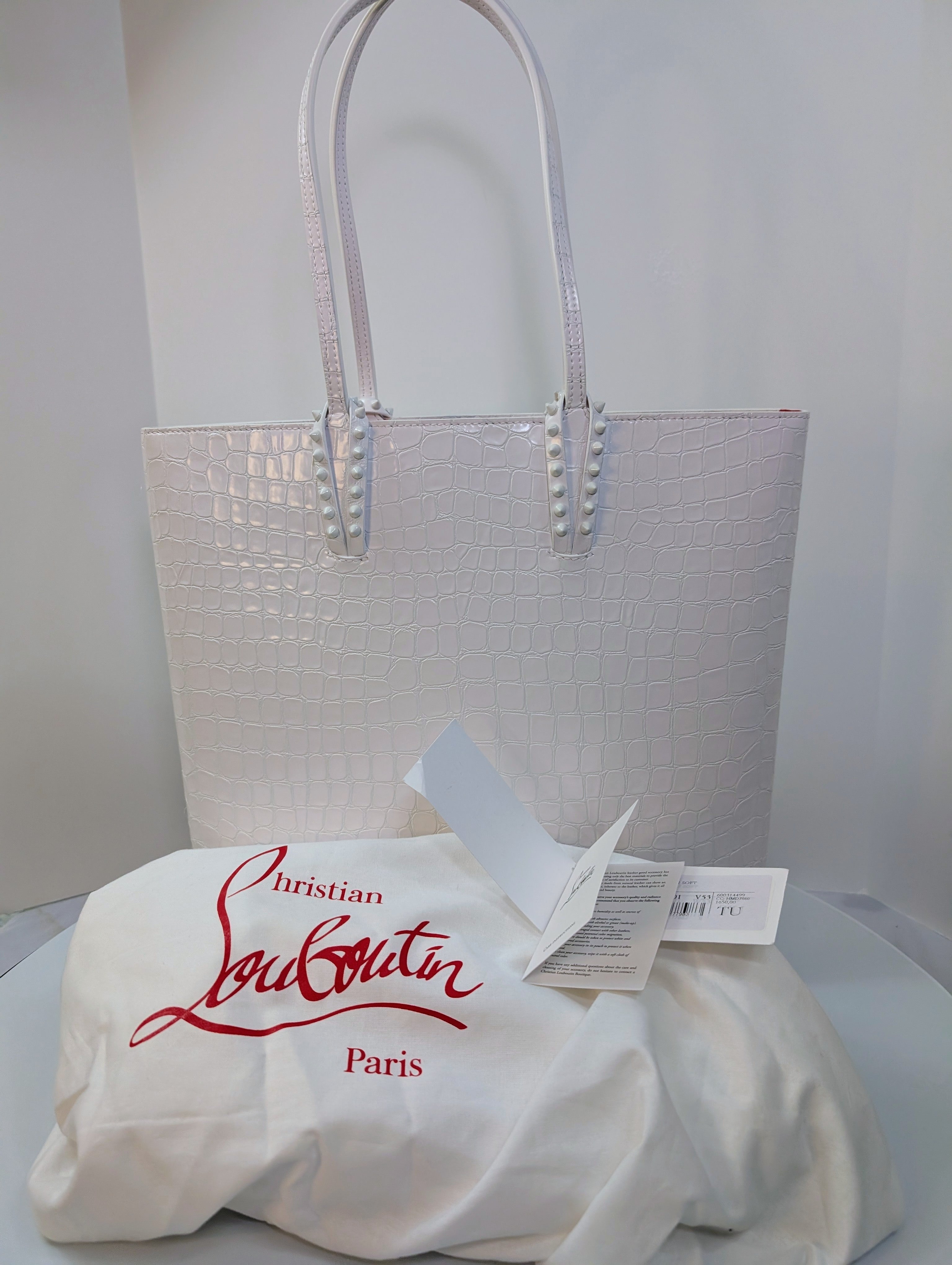 Christian Louboutin White Crocodile Embossed Leather Cabata Spikes Tote Bag