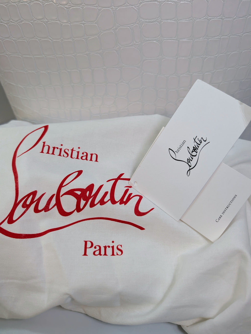 Christian Louboutin White Crocodile Embossed Leather Cabata Spikes Tote Bag