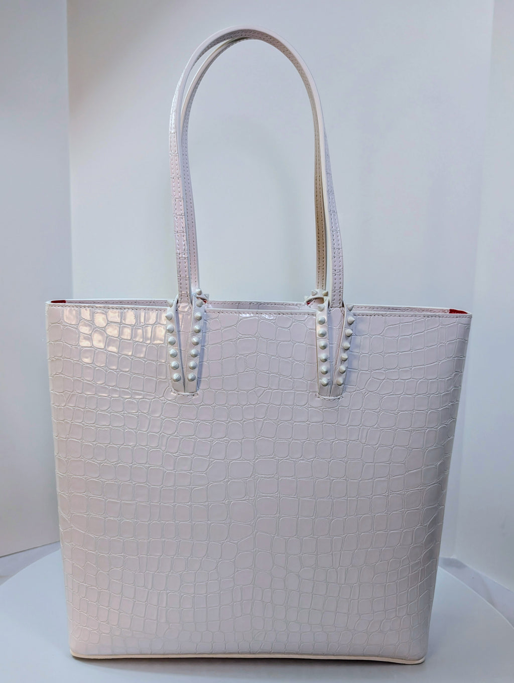 Christian Louboutin White Crocodile Embossed Leather Cabata Spikes Tote Bag